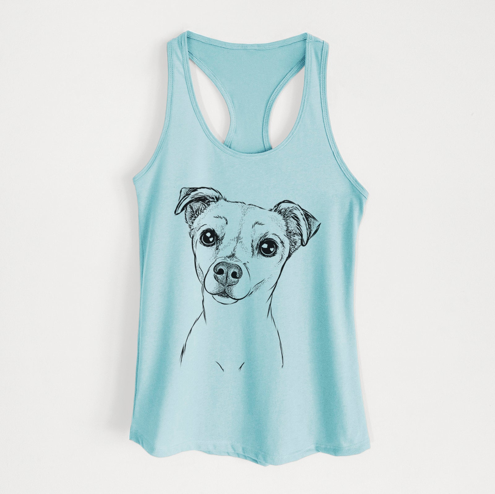 Hand-drawn sketch of Izzy the Chiweenie on a Cancun Blue Women's racerback tanktop