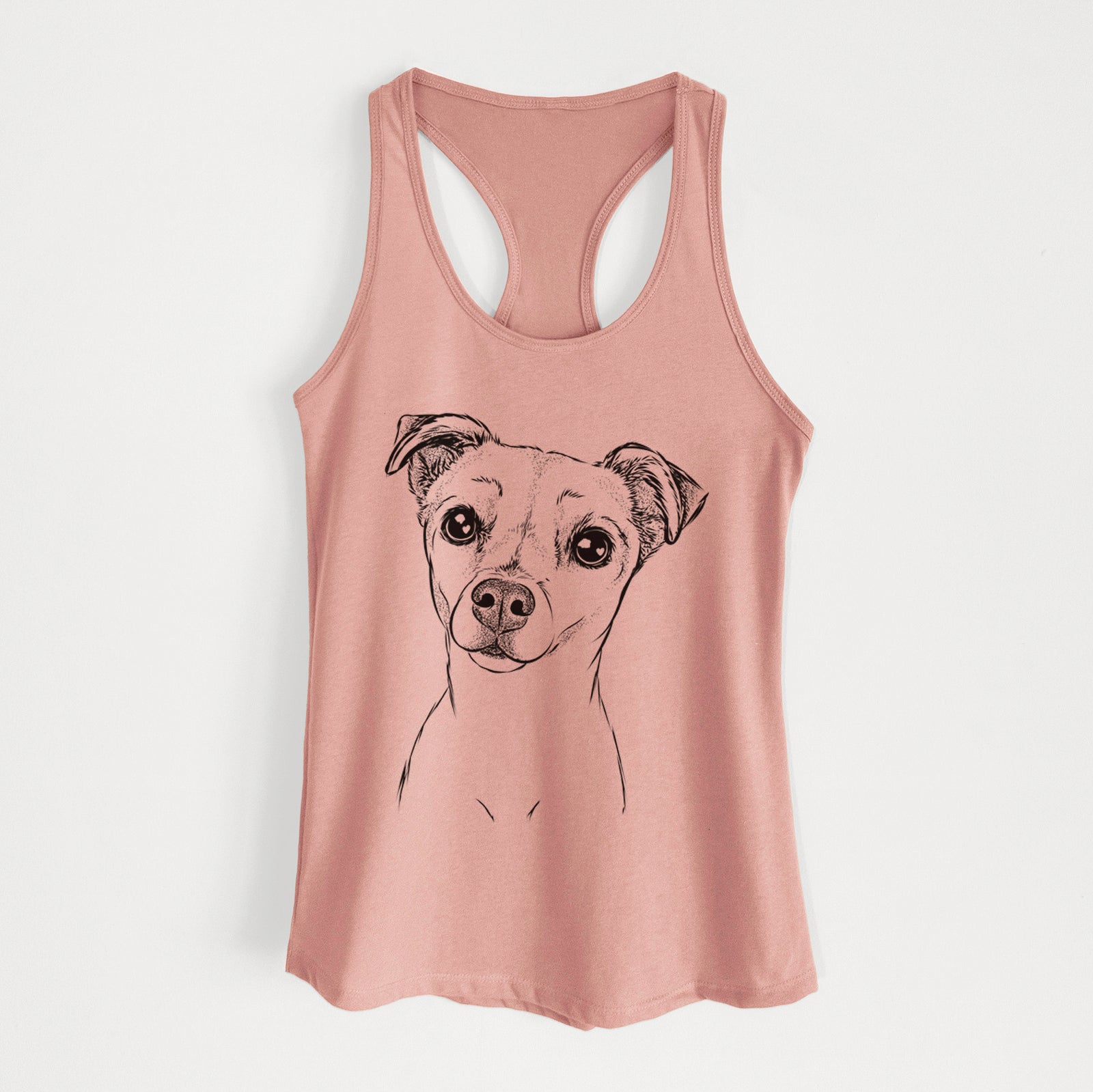 Hand-drawn sketch of Izzy the Chiweenie on a Desert Pink Women's racerback tanktop