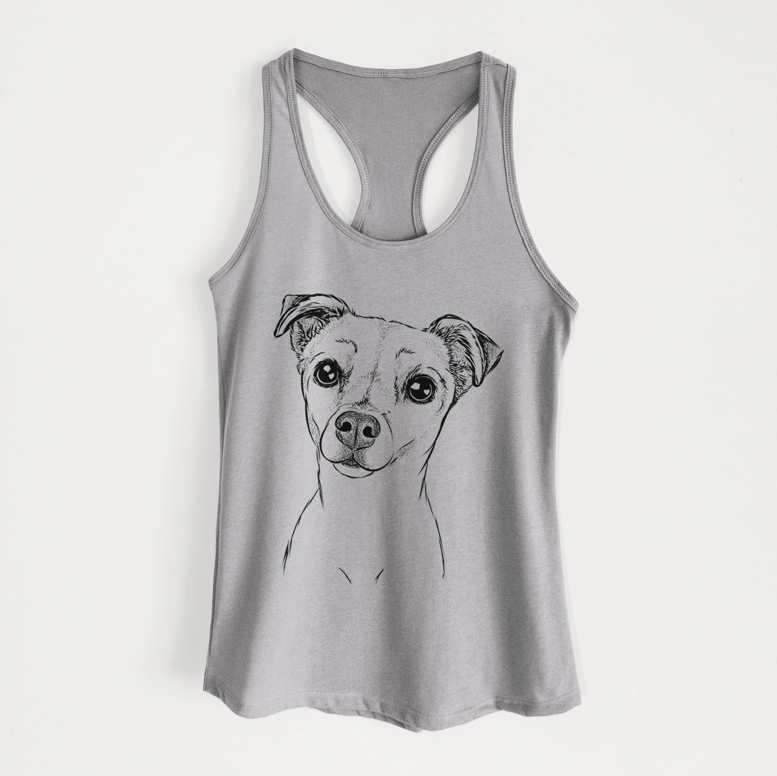 Hand-drawn sketch of Izzy the Chiweenie on a Heather Grey Women's racerback tanktop