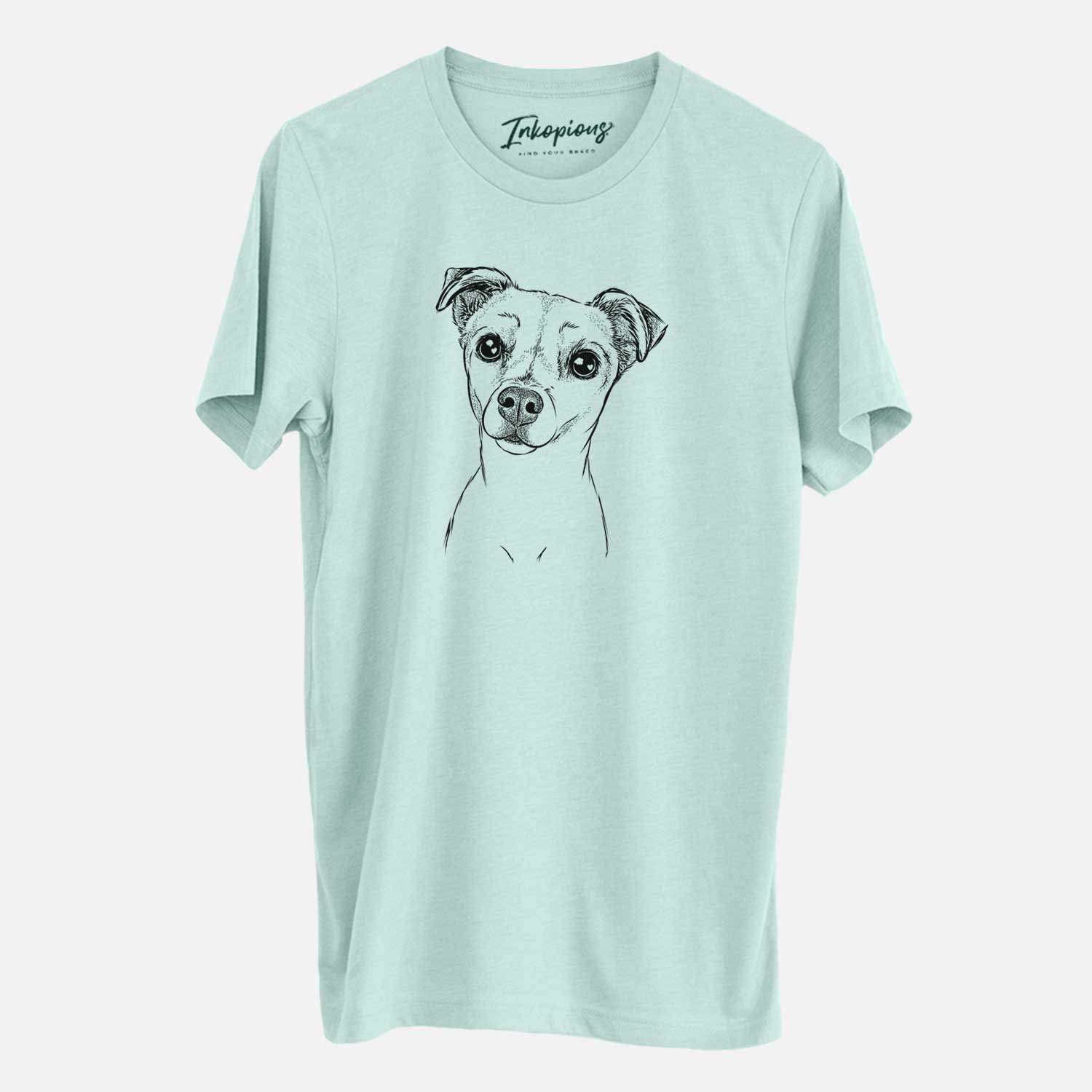 Hand-drawn sketch of Izzy the Chiweenie on a Heather Sage Unisex crewneck
