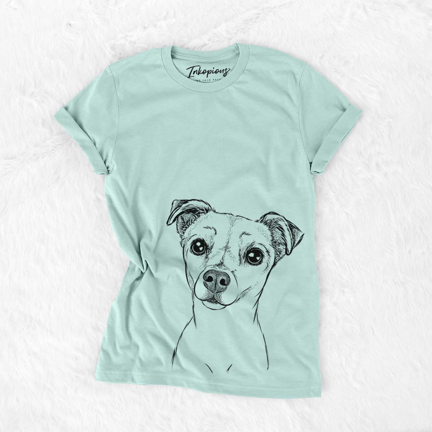 Hand-drawn sketch of Izzy the Chiweenie on a Heather Sage Unisex crewneck
