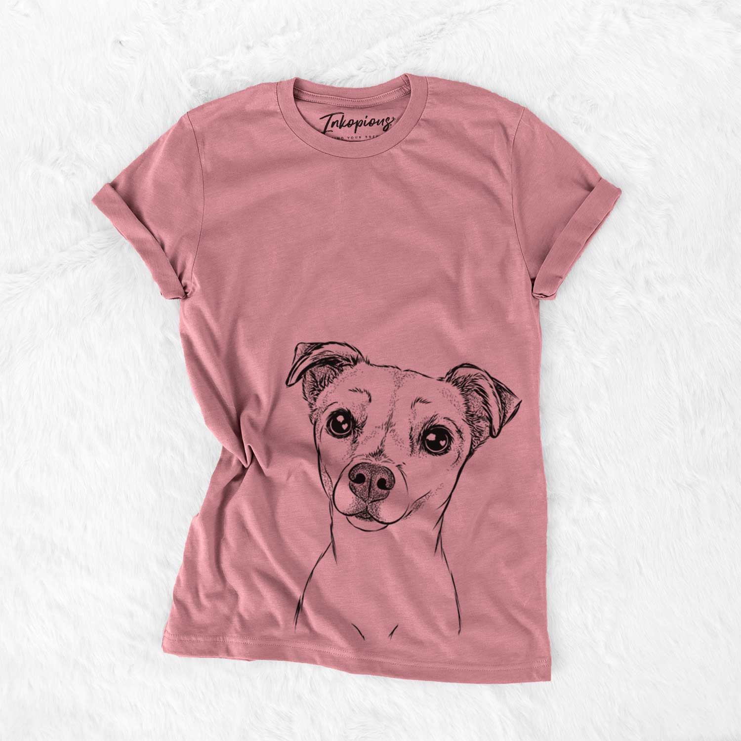 Hand-drawn sketch of Izzy the Chiweenie on a Mauve Unisex crewneck