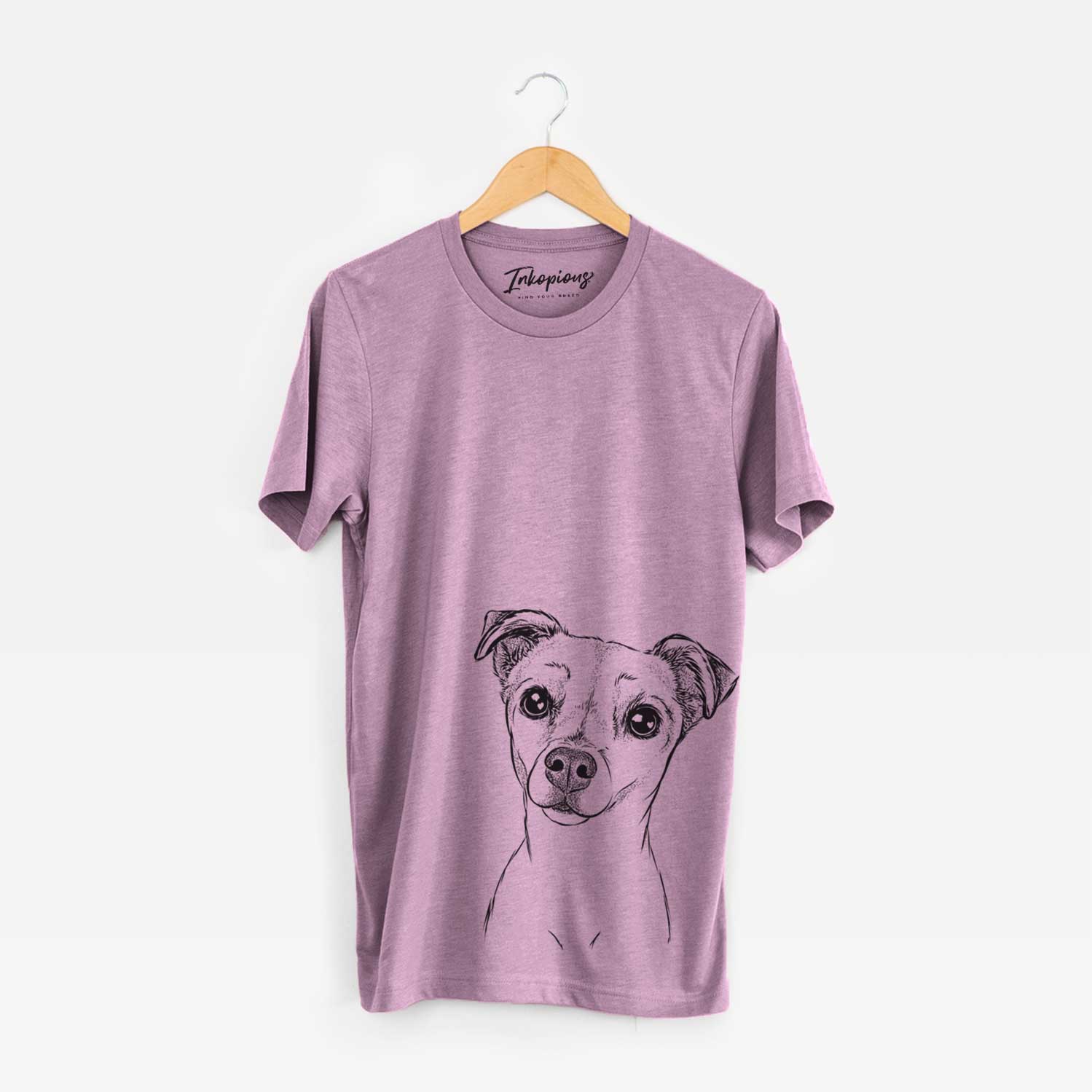 Hand-drawn sketch of Izzy the Chiweenie on an Orchid Unisex crewneck