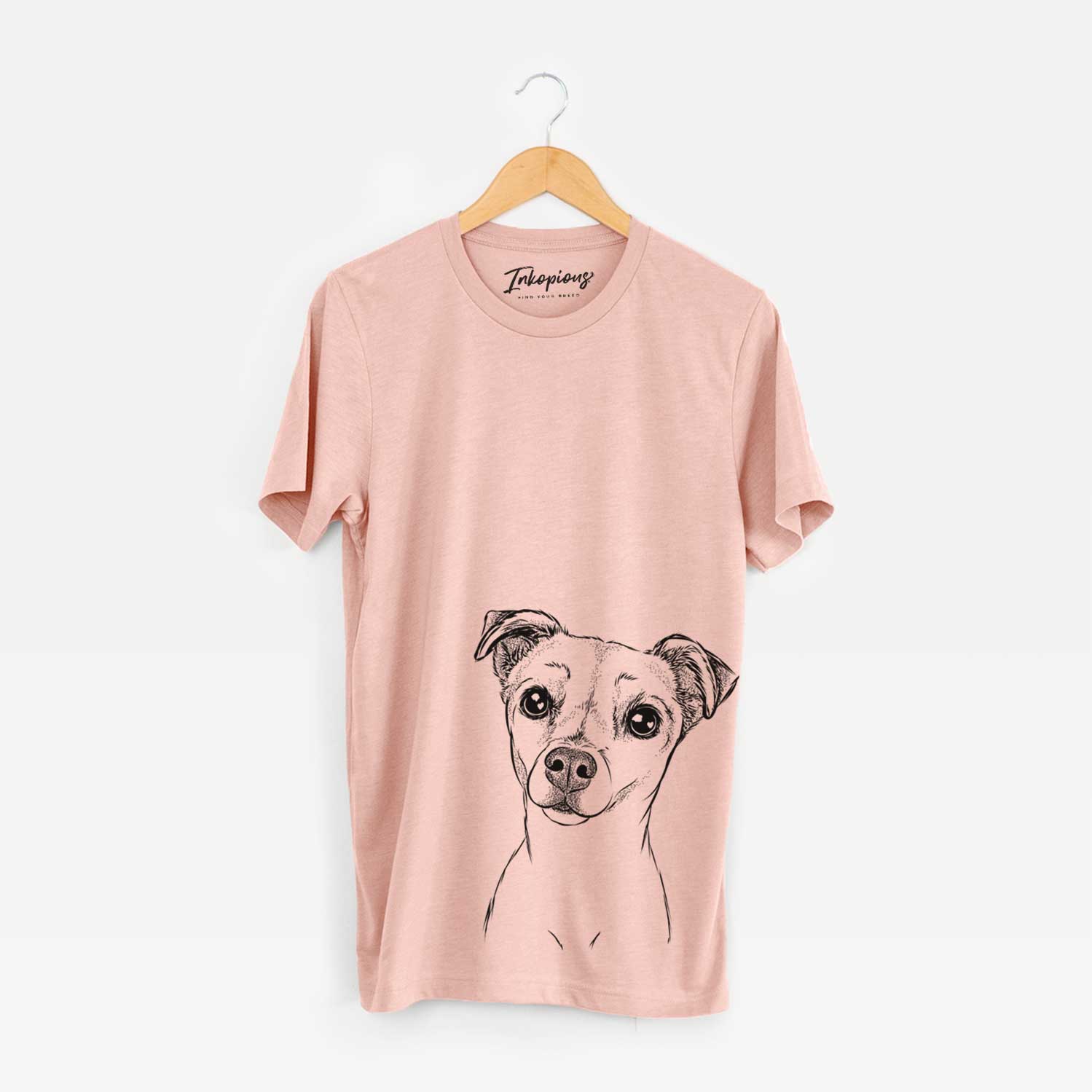 Hand-drawn sketch of Izzy the Chiweenie on a Peach Unisex crewneck
