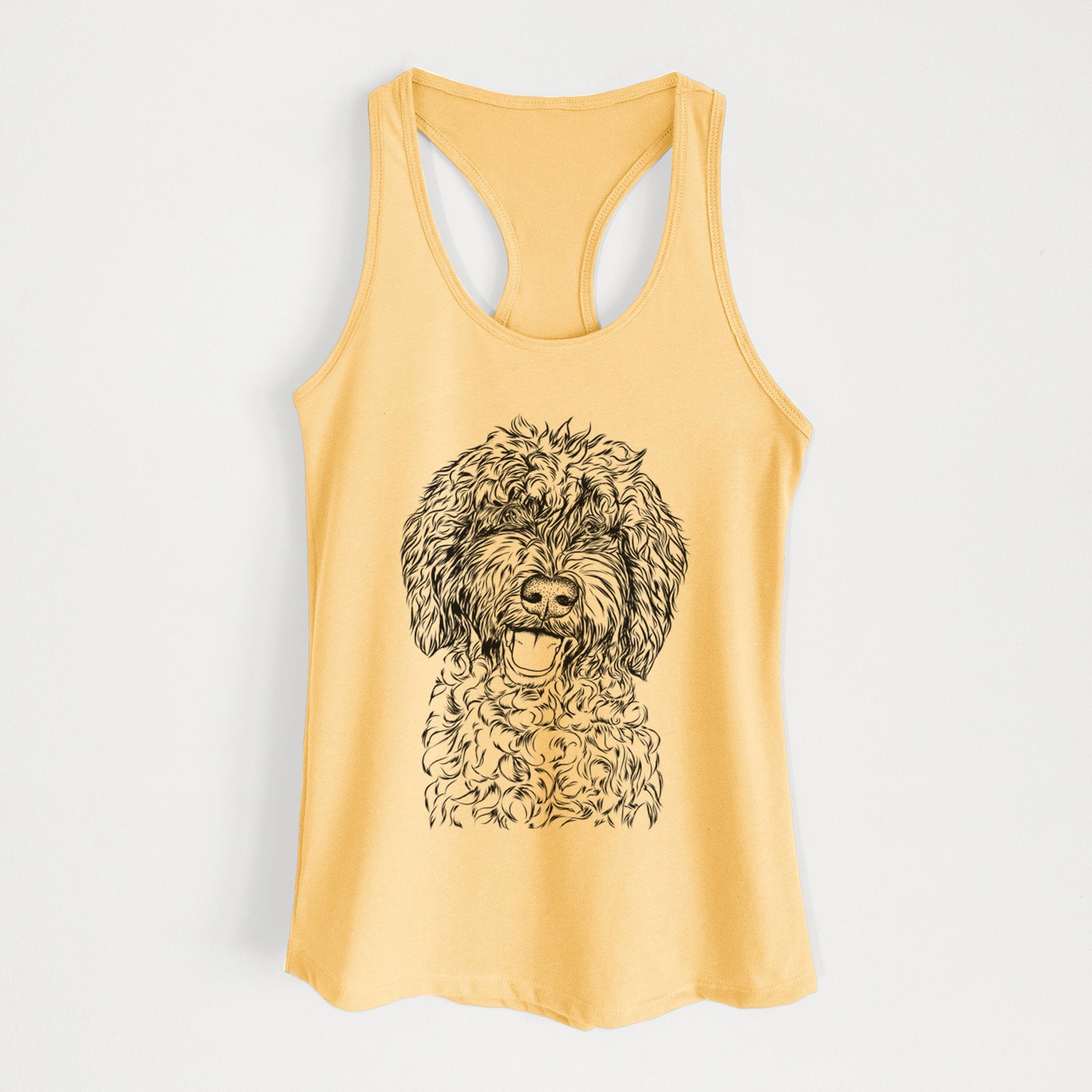 Hand-drawn sketch of Jack the Chocolate Labradoodle on a Banana Cream Women's racerback tanktop