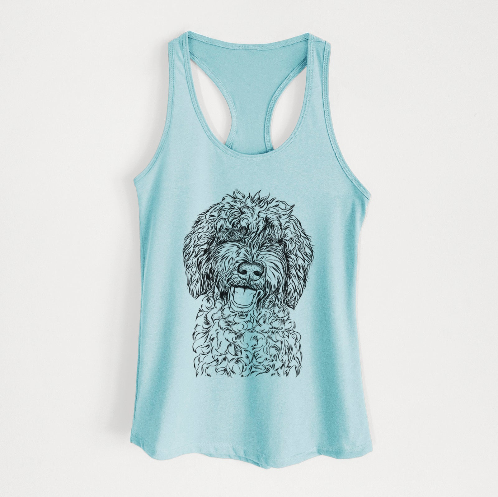 Hand-drawn sketch of Jack the Chocolate Labradoodle on a Cancun Blue Women's racerback tanktop