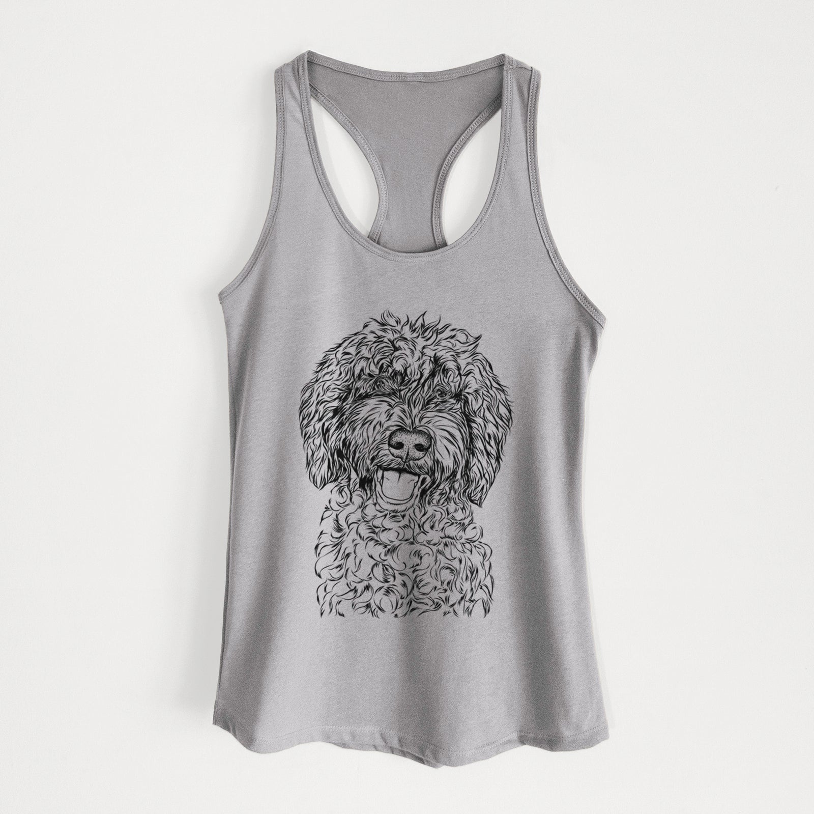 Hand-drawn sketch of Jack the Chocolate Labradoodle on a Heather Grey Women's racerback tanktop