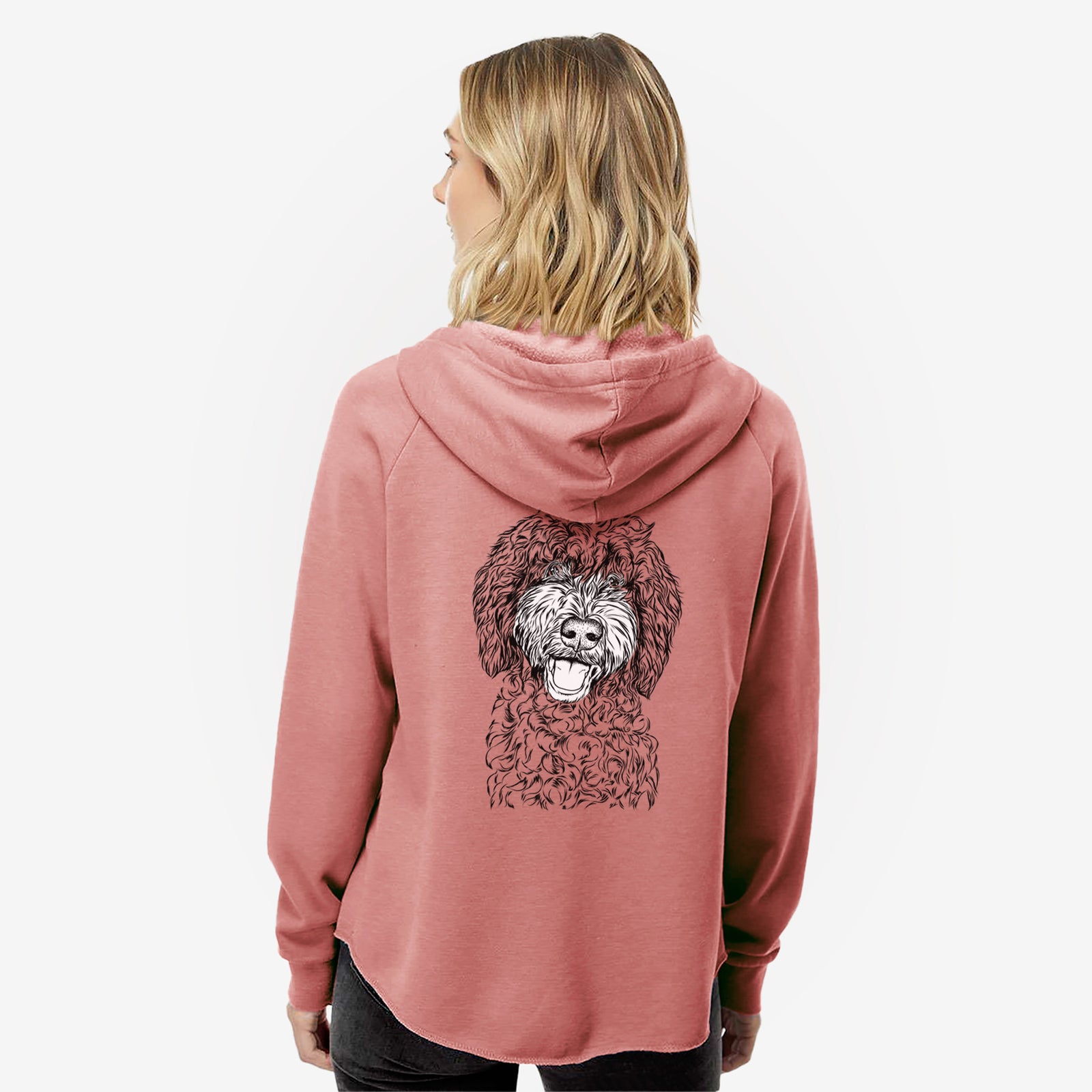 Hand-drawn sketch of Jack the Chocolate Labradoodle on a Dusty Rose Women's cali wave zip-up sweatshirt