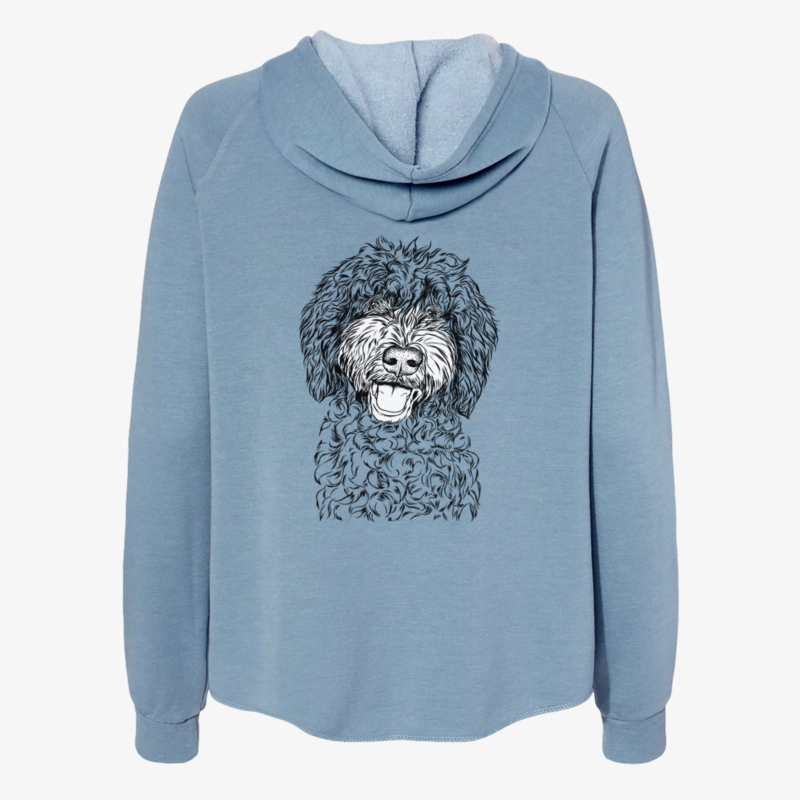 Hand-drawn sketch of Jack the Chocolate Labradoodle on a Misty Blue Women's cali wave zip-up sweatshirt