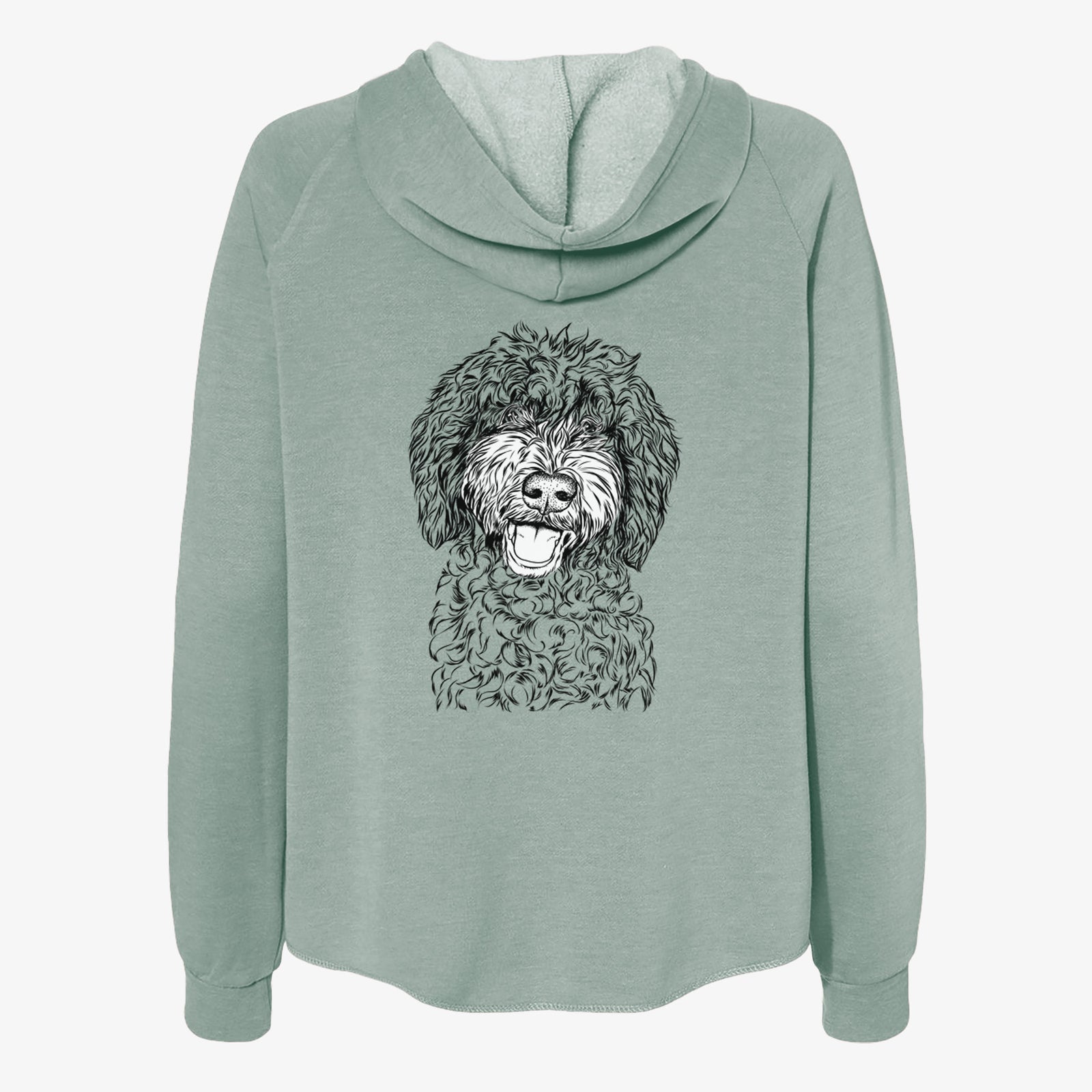 Hand-drawn sketch of Jack the Chocolate Labradoodle on a Sage Women's cali wave zip-up sweatshirt