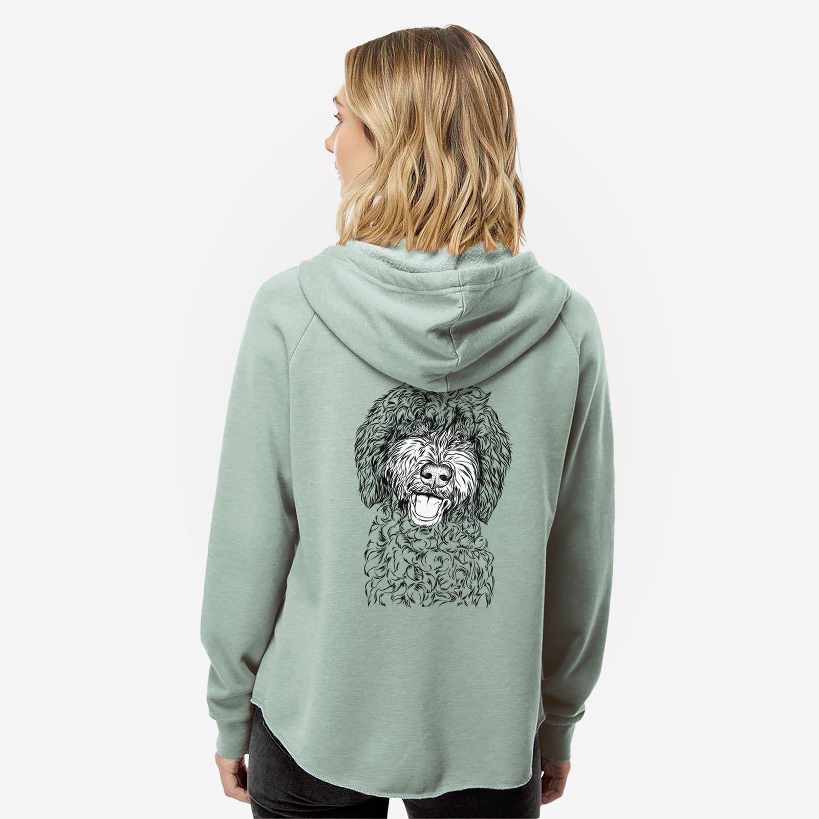 Hand-drawn sketch of Jack the Chocolate Labradoodle on a Sage Women's cali wave zip-up sweatshirt