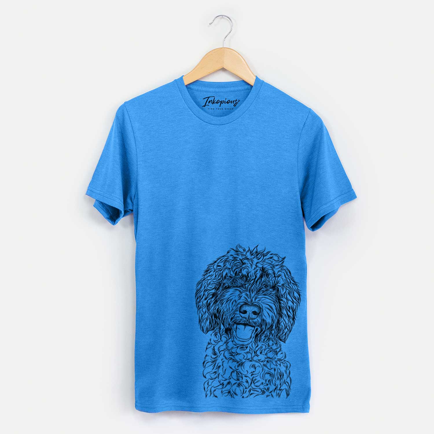 Hand-drawn sketch of Jack the Chocolate Labradoodle on a Blue Unisex crewneck