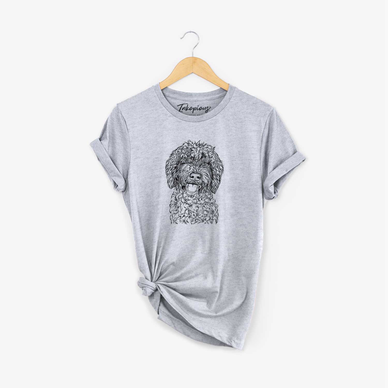 Hand-drawn sketch of Jack the Chocolate Labradoodle on a Grey Unisex crewneck