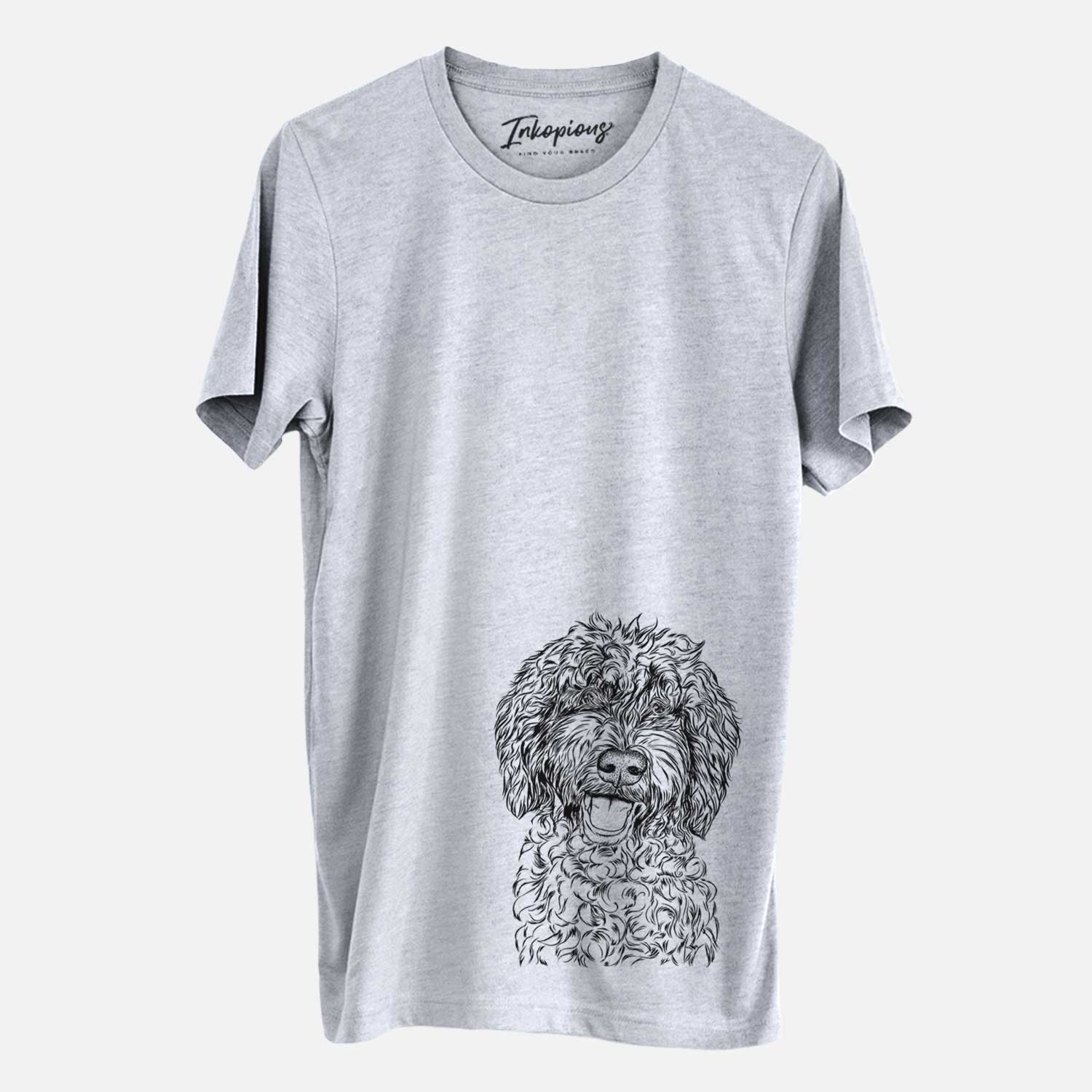 Hand-drawn sketch of Jack the Chocolate Labradoodle on a Grey Unisex crewneck