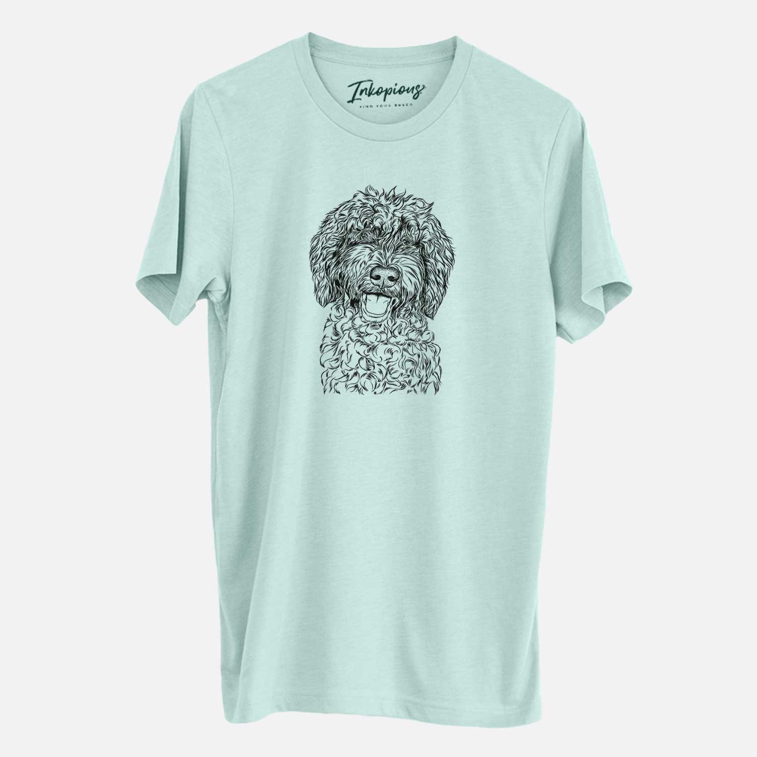 Hand-drawn sketch of Jack the Chocolate Labradoodle on a Heather Sage Unisex crewneck