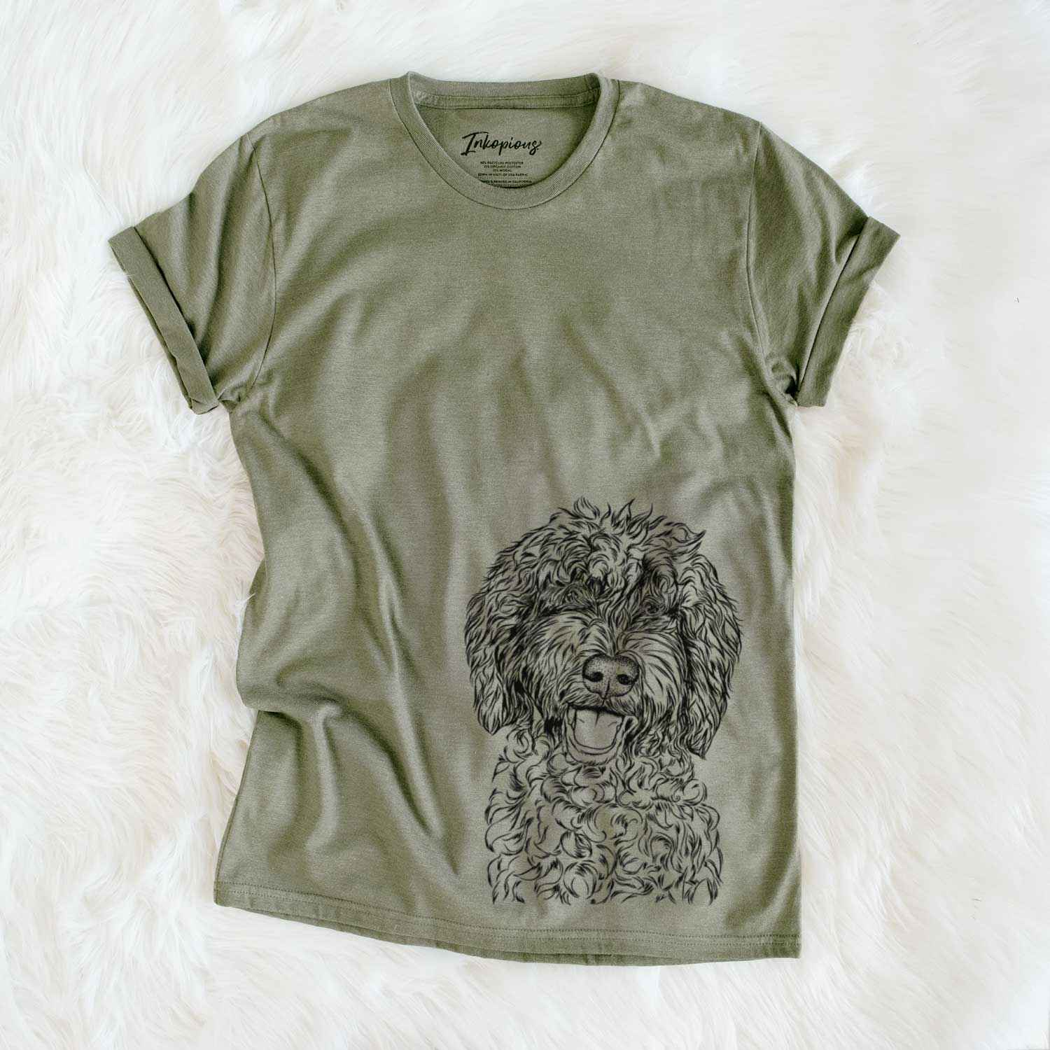 Hand-drawn sketch of Jack the Chocolate Labradoodle on an Olive Unisex crewneck
