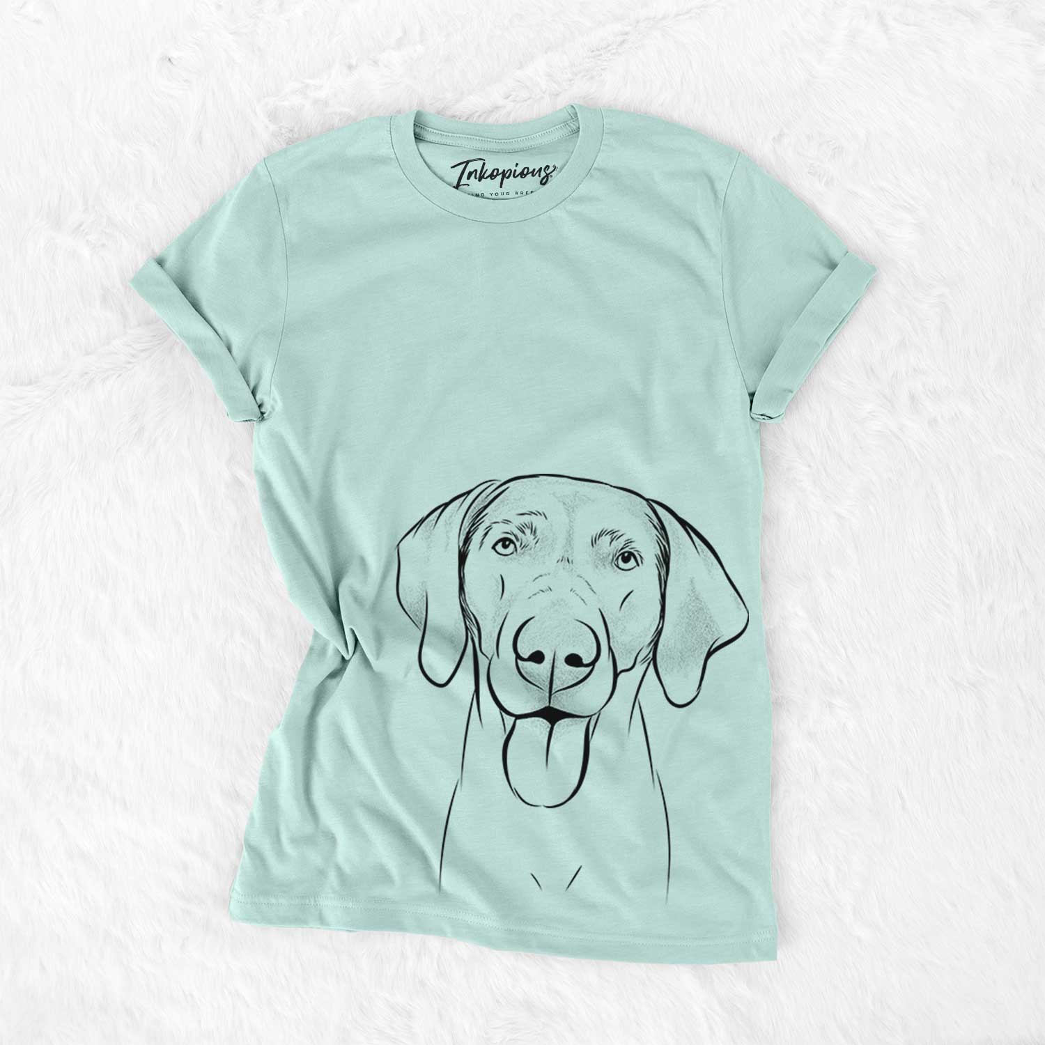 Hand-drawn sketch of Jackson the Weimaraner on a Heather Sage Bella Canvas Unisex Crewneck