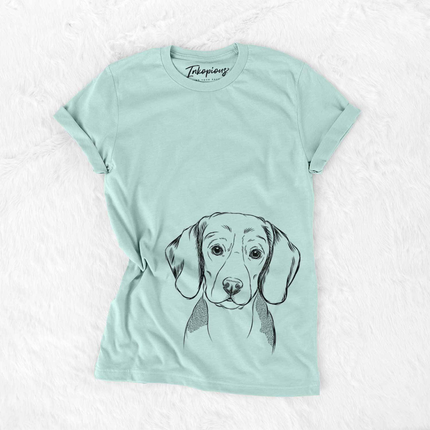 Hand-drawn sketch of Jake the Beagle on a Heather Sage Bella Canvas Unisex Crewneck
