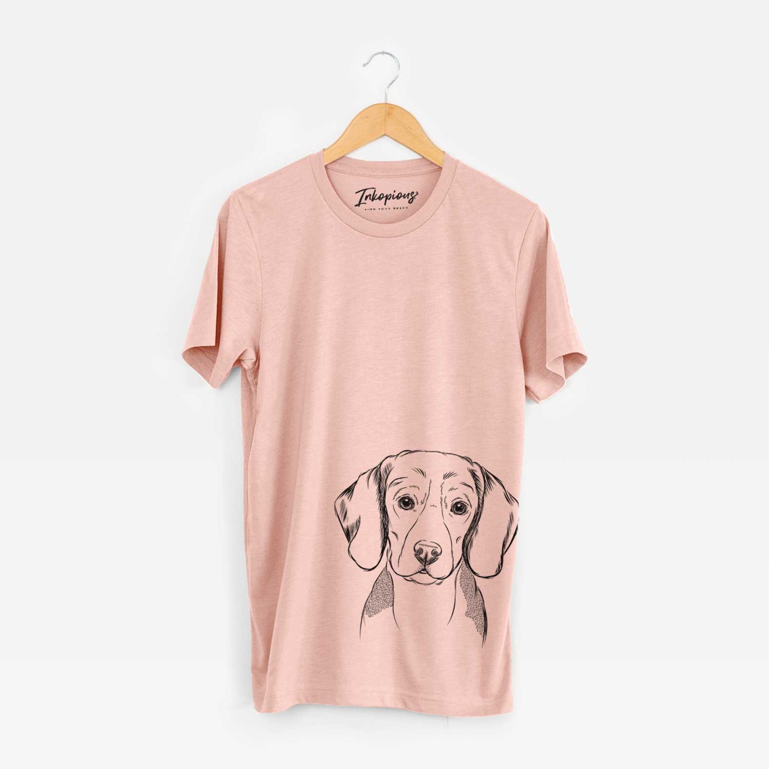 Hand-drawn sketch of Jake the Beagle on a Peach Bella Canvas Unisex Crewneck