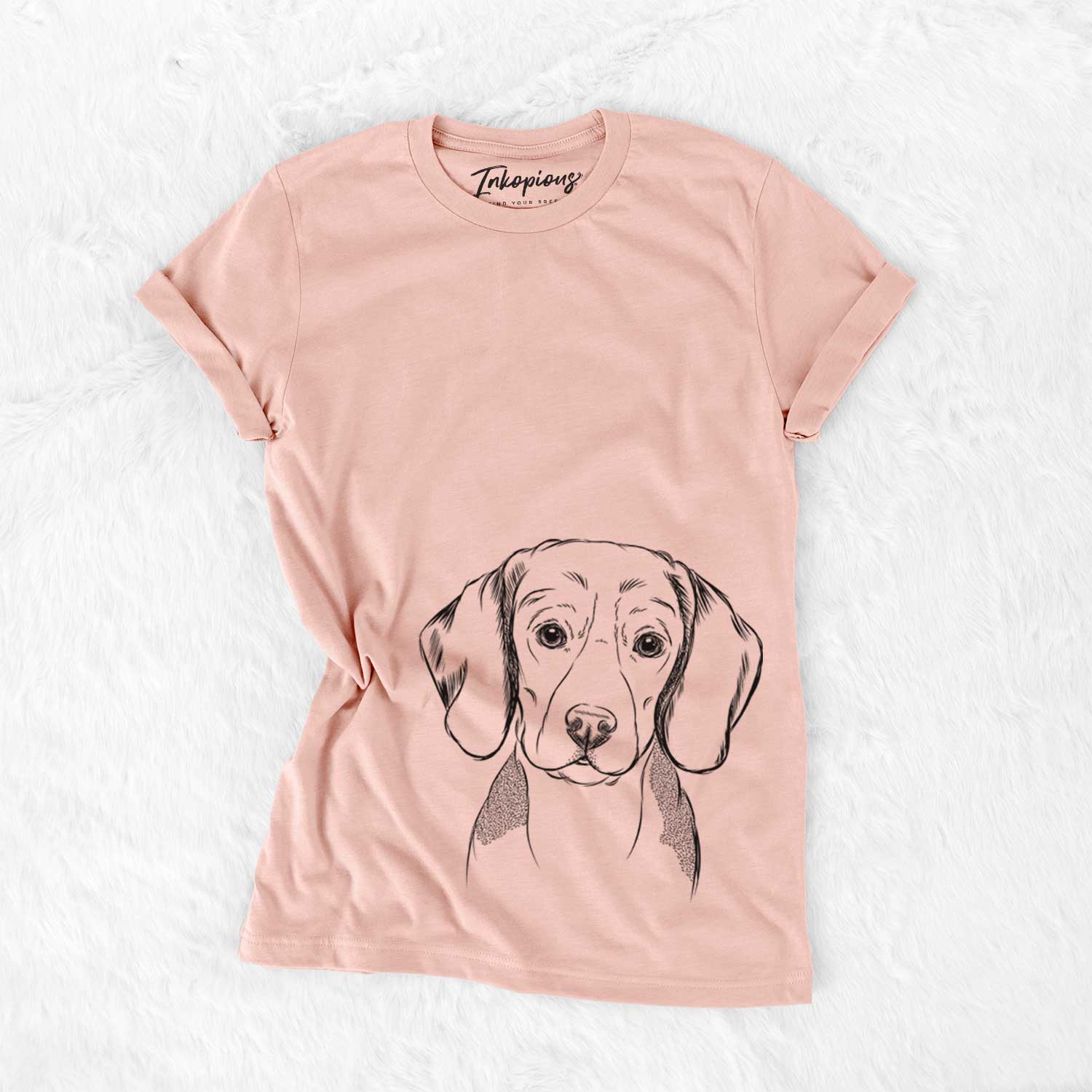 Hand-drawn sketch of Jake the Beagle on a Peach Bella Canvas Unisex Crewneck