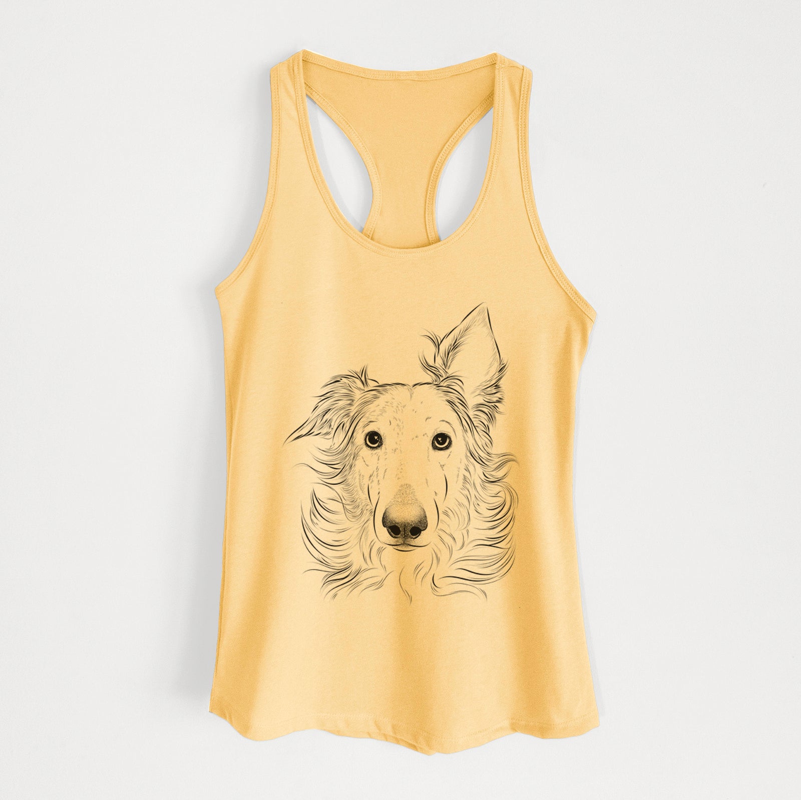 Hand-drawn sketch of Jasha the Borzoi on a Banana Cream Women's racerback tanktop