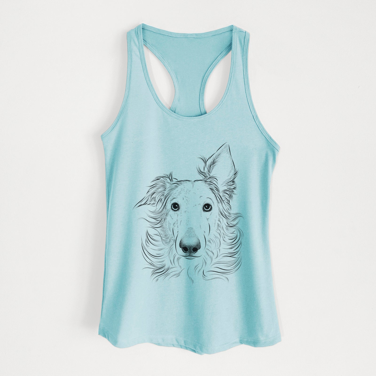 Hand-drawn sketch of Jasha the Borzoi on a Cancun Blue Women's racerback tanktop