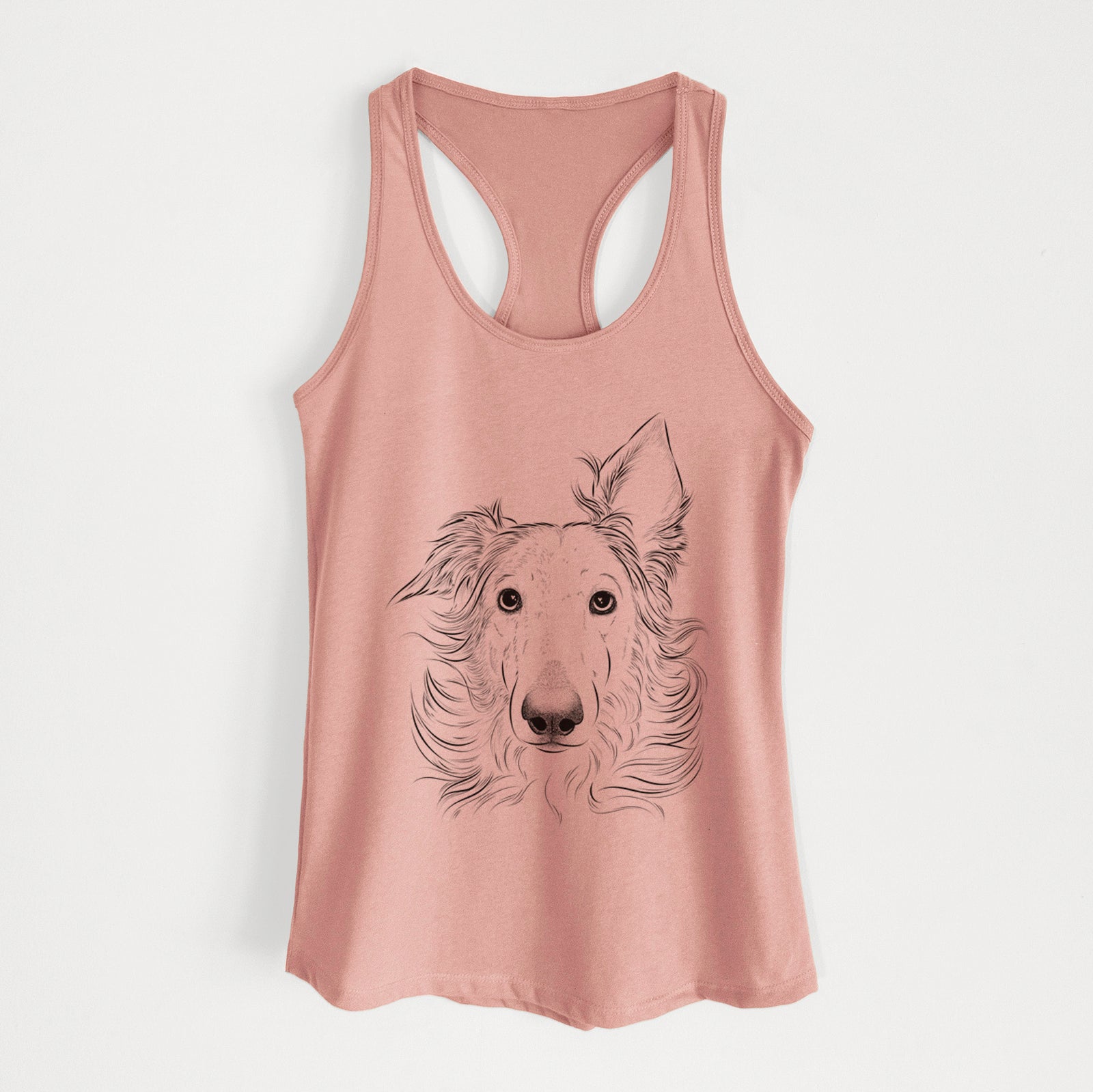 Hand-drawn sketch of Jasha the Borzoi on a Desert Pink Women's racerback tanktop