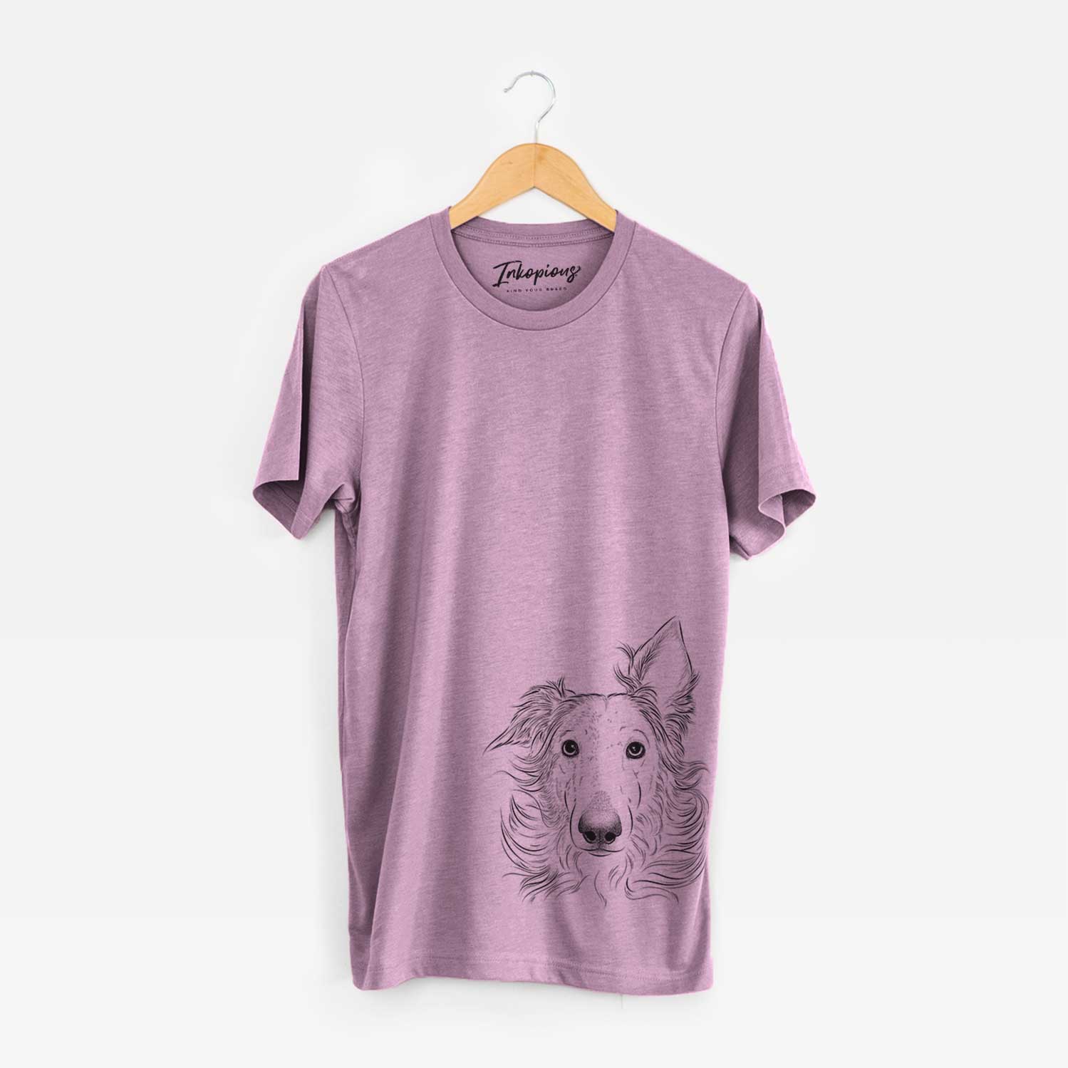 Hand-drawn sketch of Jasha the Borzoi on an Orchid Unisex crewneck