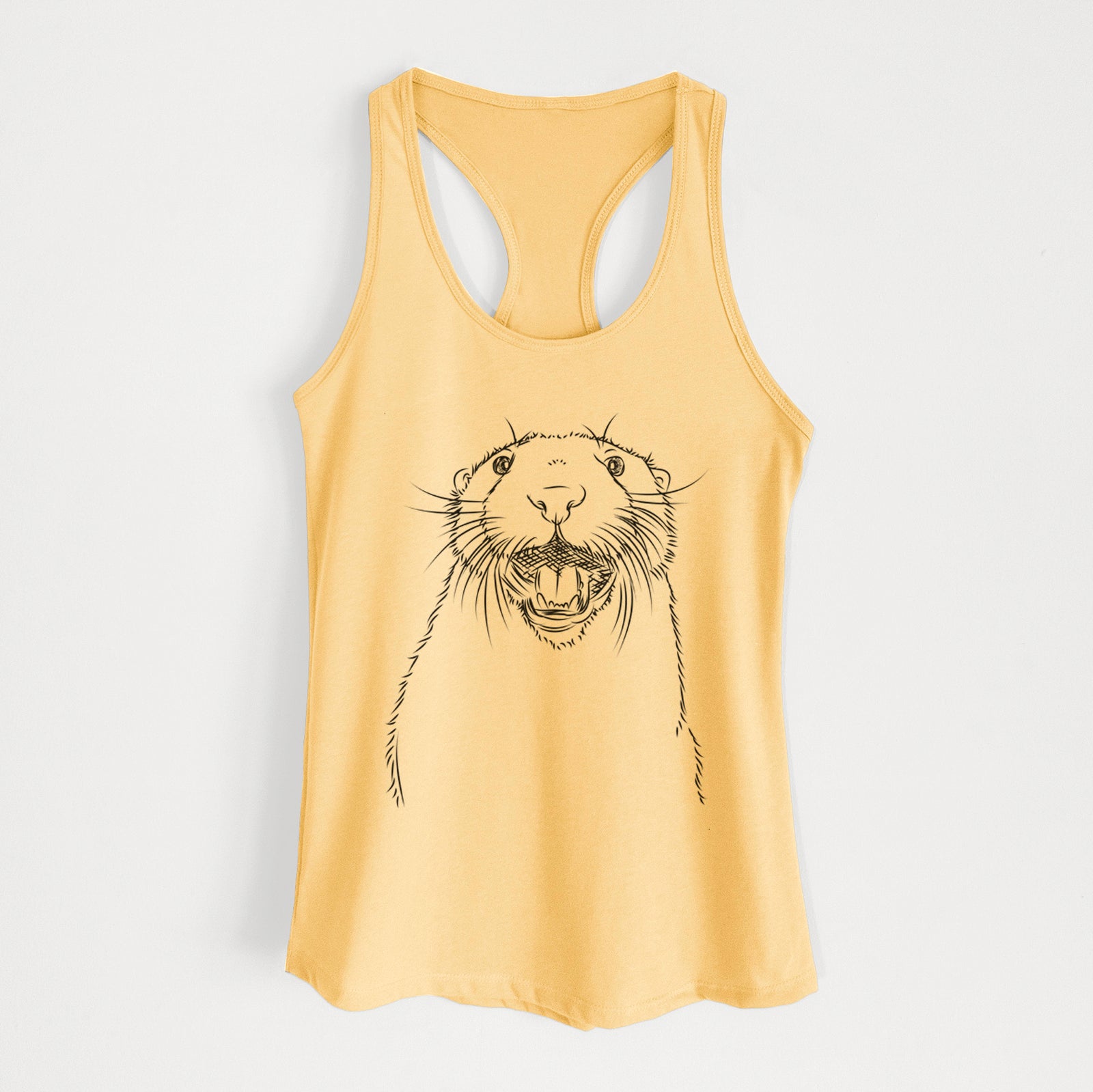 Hand-drawn sketch of Jasper the River Otter on a Banana Cream Women's racerback tanktop