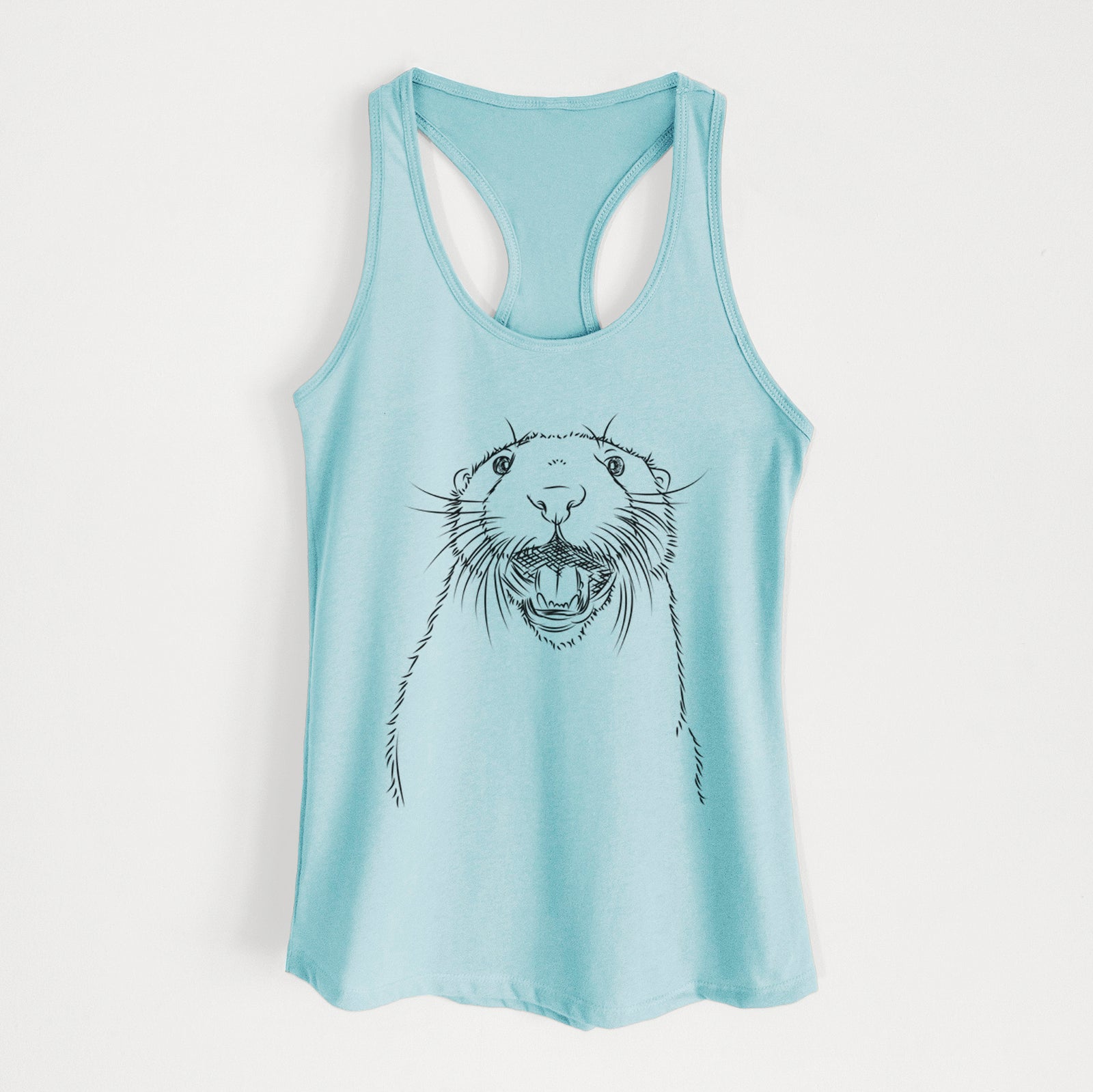 Hand-drawn sketch of Jasper the River Otter on a Cancun Blue Women's racerback tanktop