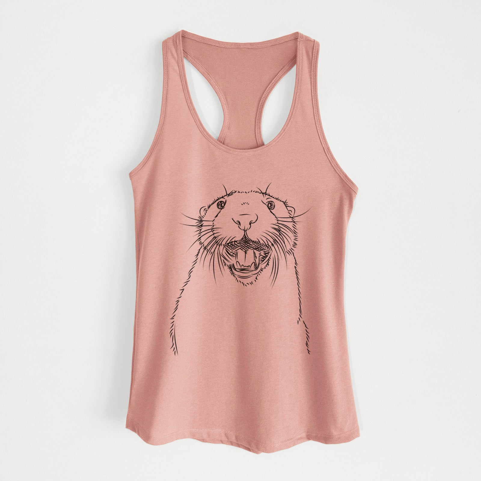 Hand-drawn sketch of Jasper the River Otter on a Desert Pink Women's racerback tanktop
