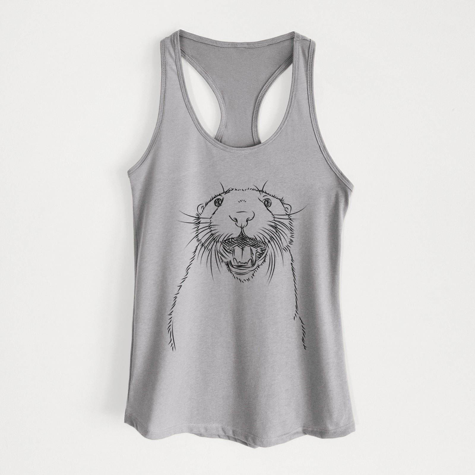 Hand-drawn sketch of Jasper the River Otter on a Heather Grey Women's racerback tanktop