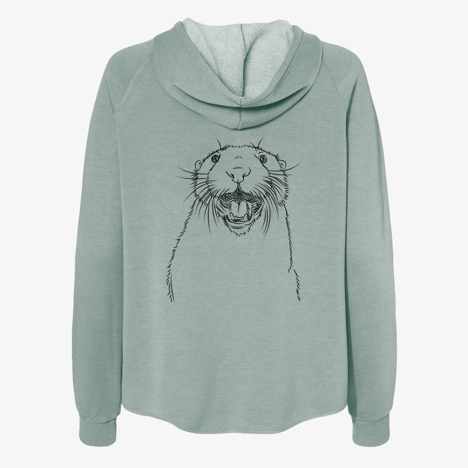 Hand-drawn sketch of Jasper the River Otter on a Sage Women's cali wave zip-up sweatshirt
