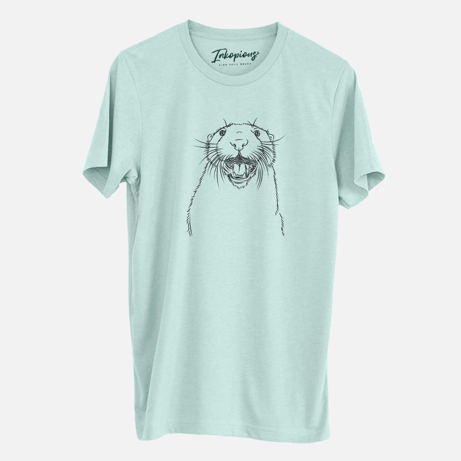 Hand-drawn sketch of Jasper the River Otter on a Heather Sage Unisex crewneck