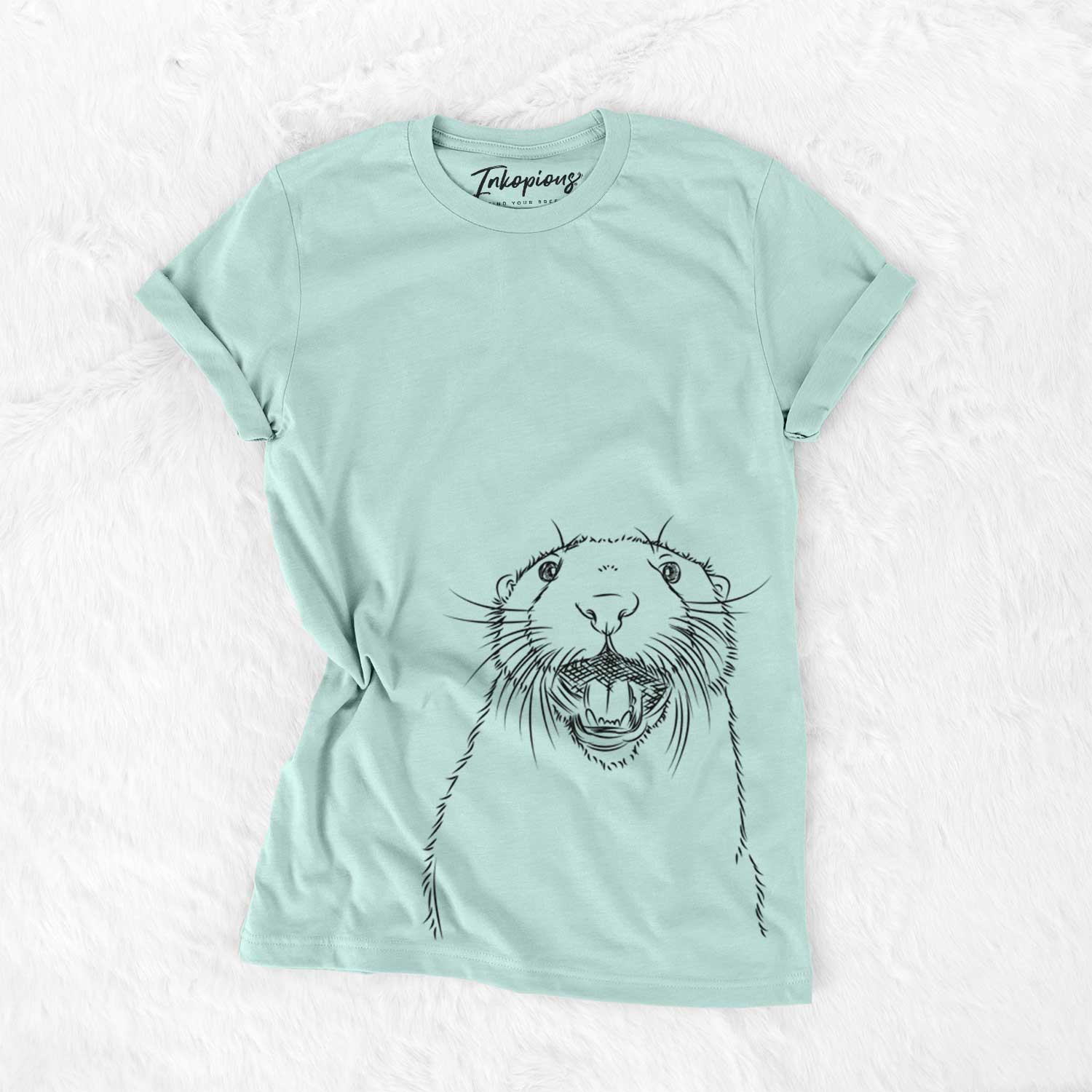 Hand-drawn sketch of Jasper the River Otter on a Heather Sage Unisex crewneck