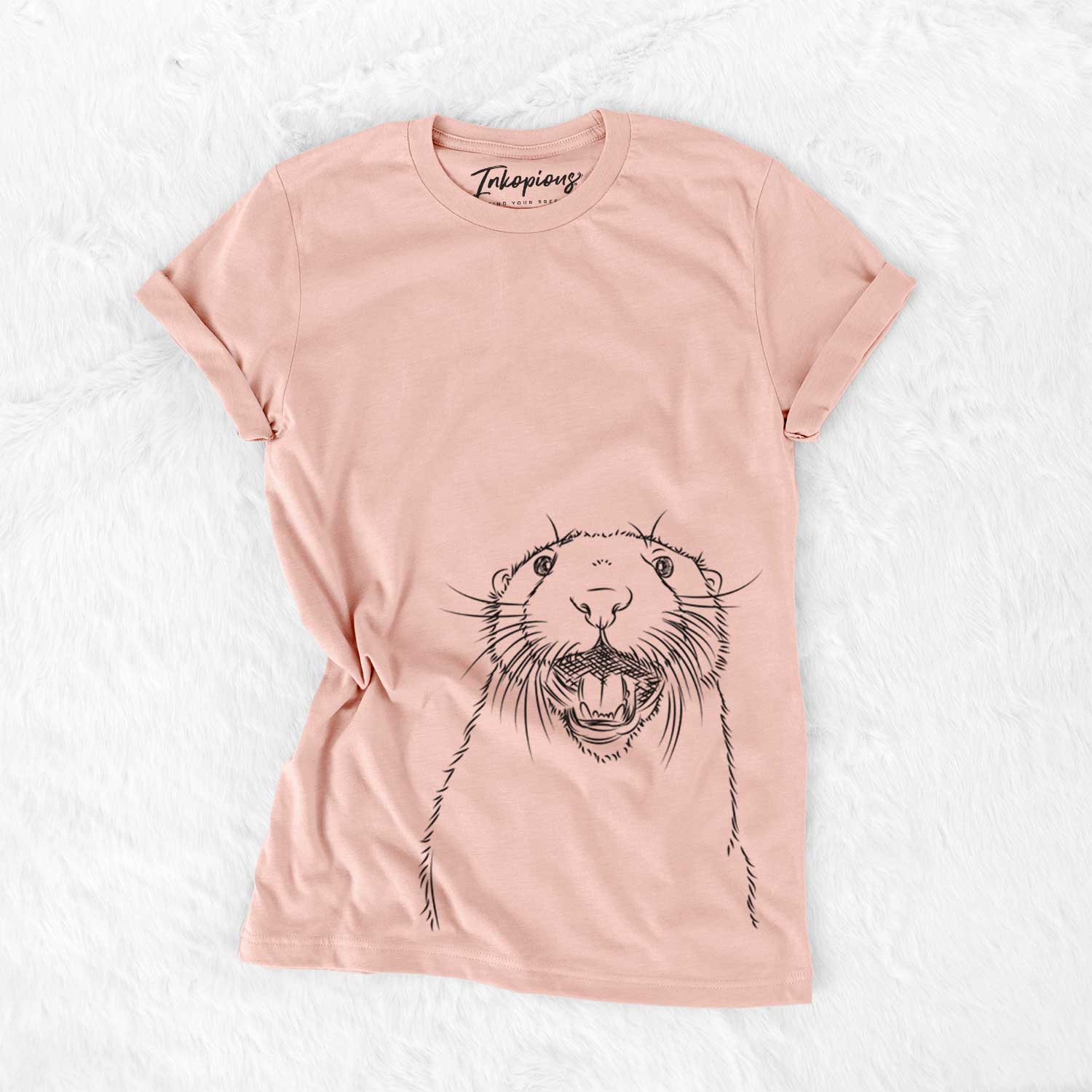 Hand-drawn sketch of Jasper the River Otter on a Peach Bella Canvas Unisex Crewneck