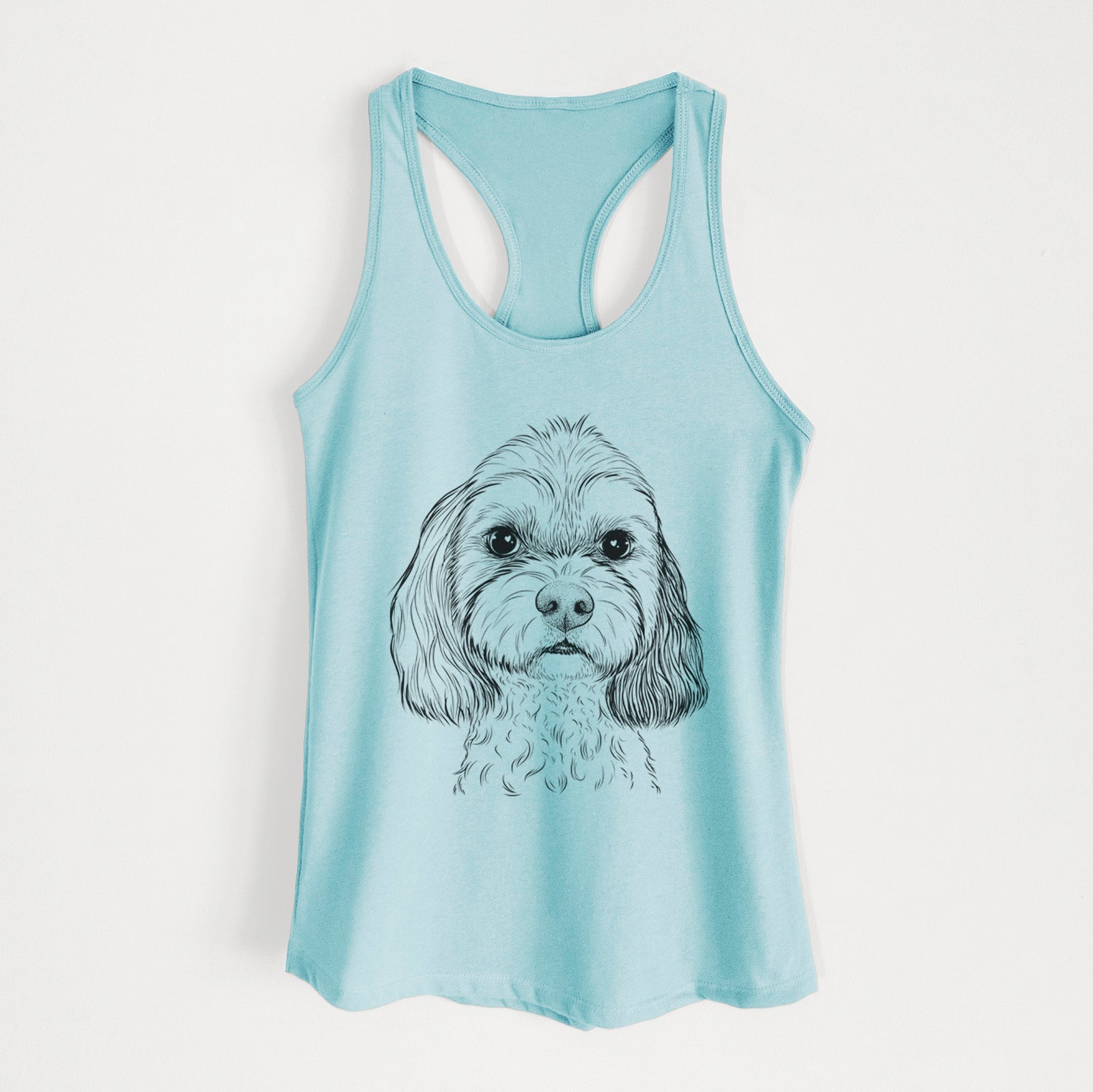 Hand-drawn sketch of Jasper Diggins the Cavapoo on a Cancun Blue Women's racerback tanktop