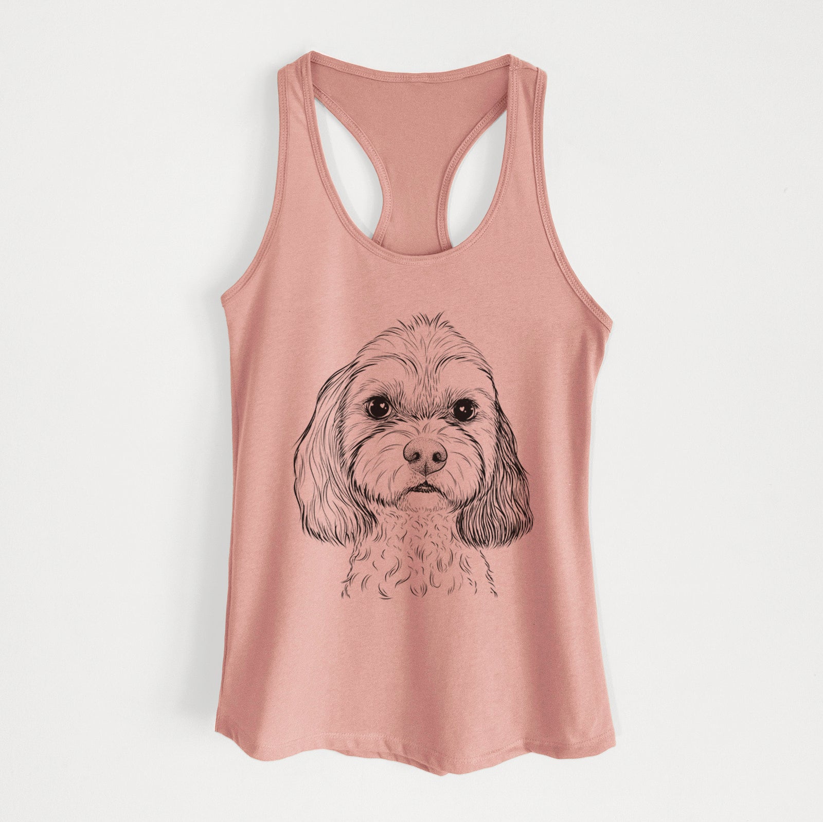 Hand-drawn sketch of Jasper Diggins the Cavapoo on a Desert Pink Women's racerback tanktop