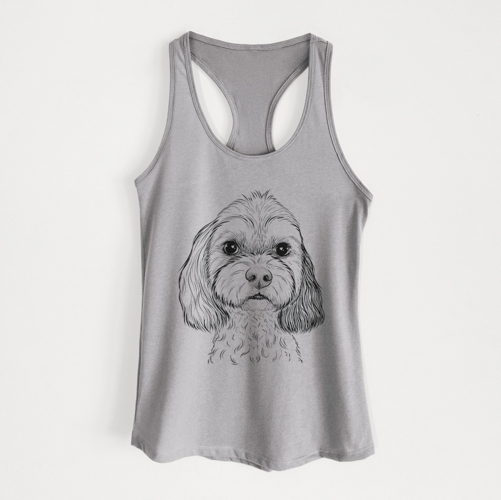 Hand-drawn sketch of Jasper Diggins the Cavapoo on a Heather Grey Women's racerback tanktop