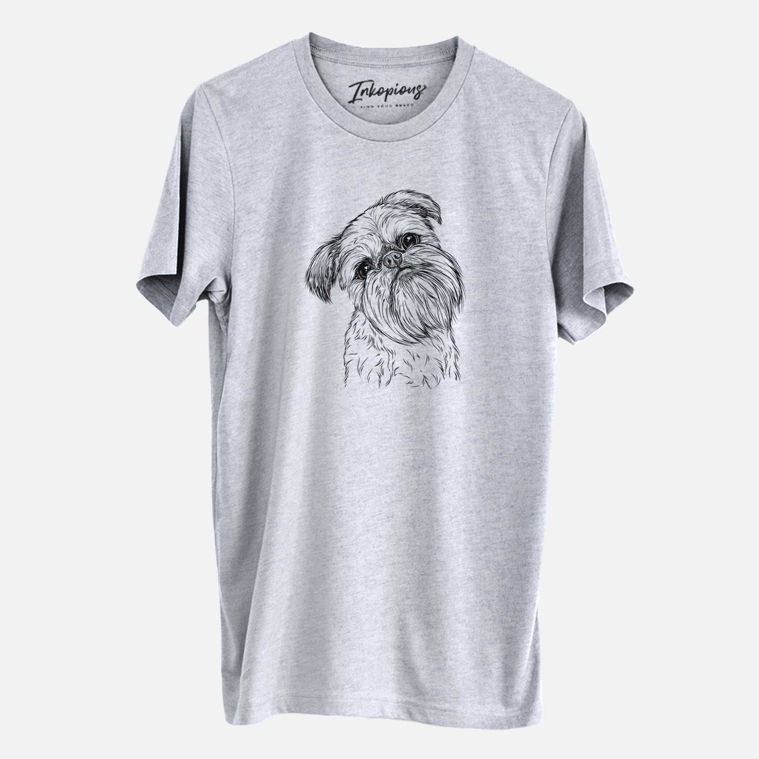 Hand-drawn sketch of Jasper Joe the Brussels Griffon on a Grey Unisex crewneck