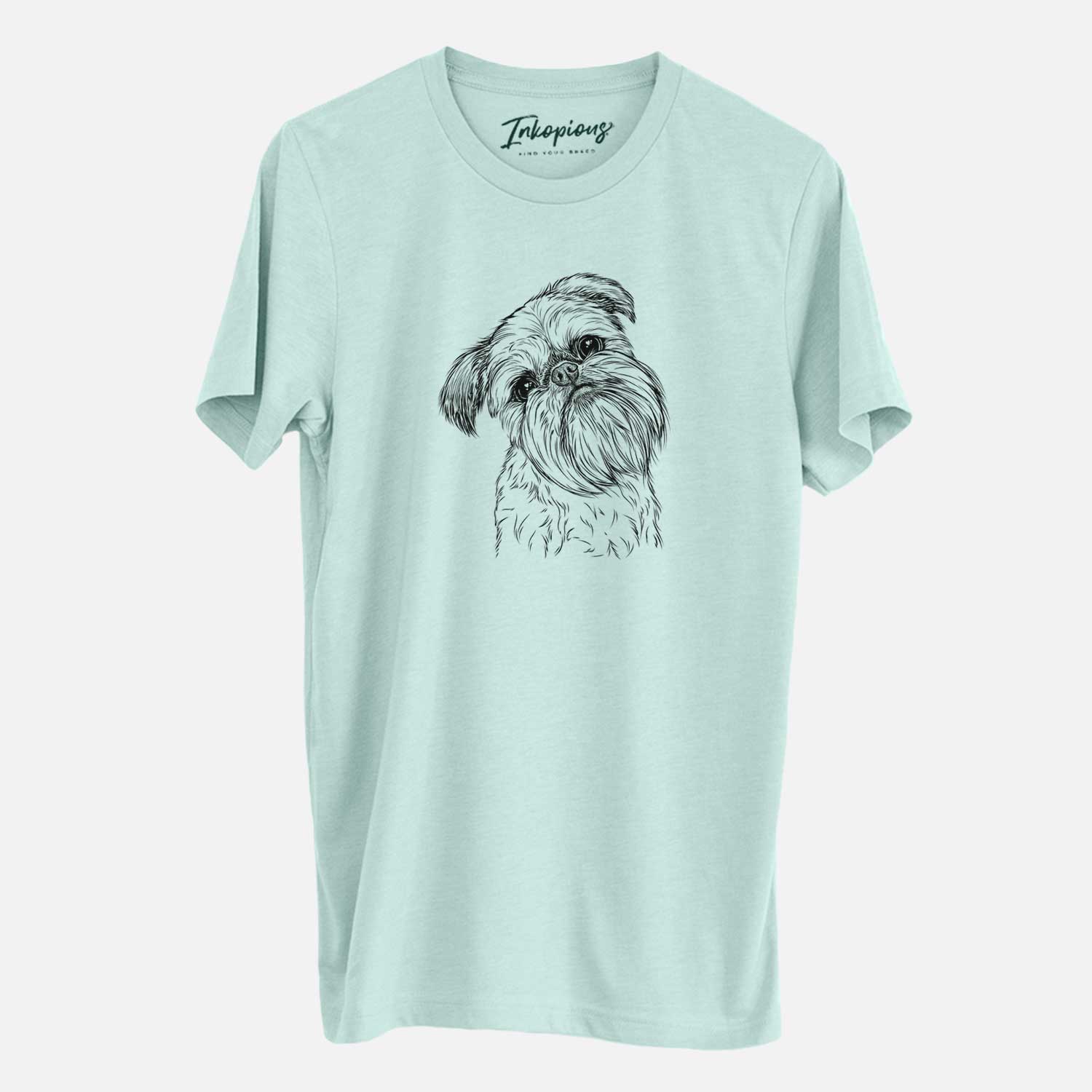 Hand-drawn sketch of Jasper Joe the Brussels Griffon on a Heather Sage Unisex crewneck