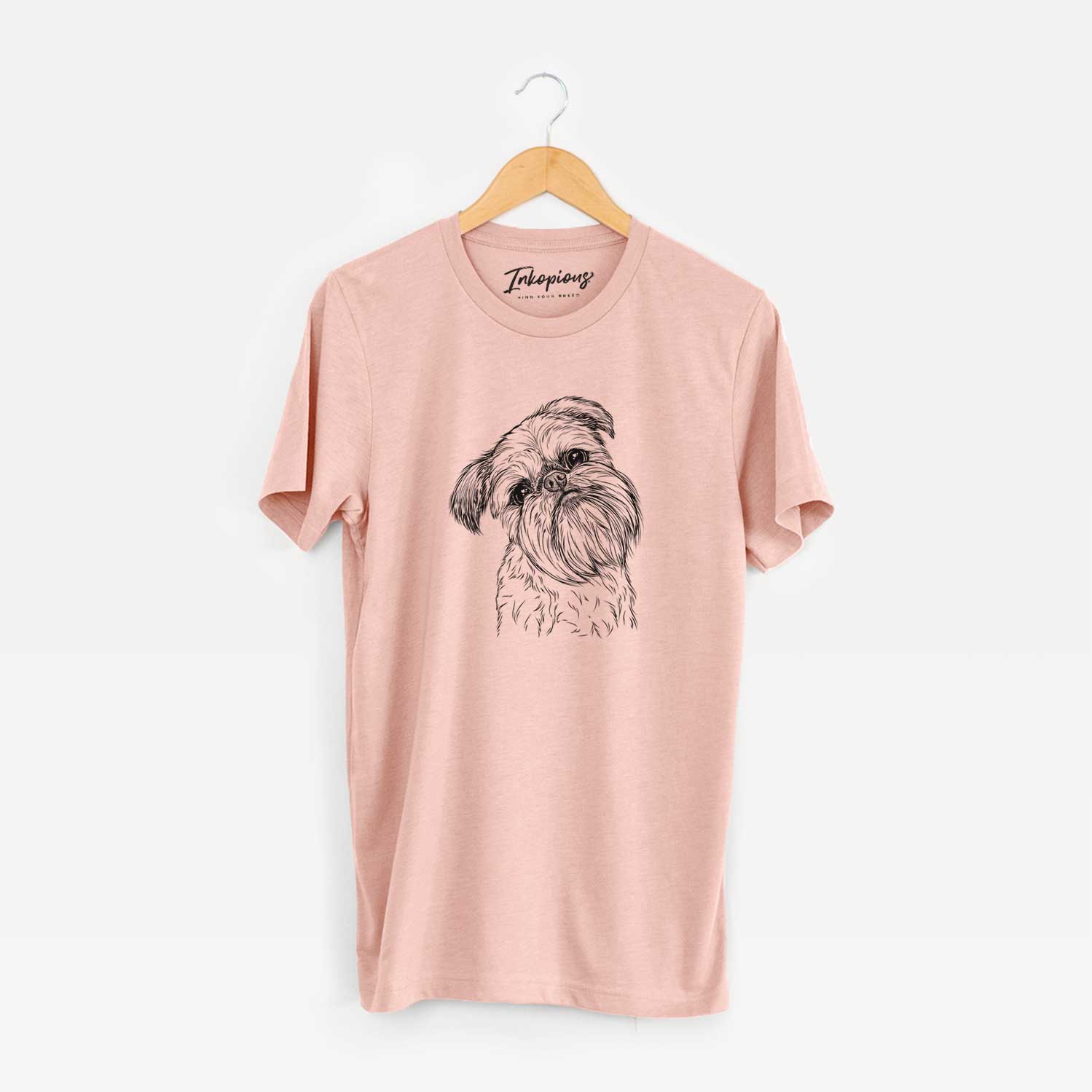 Hand-drawn sketch of Jasper Joe the Brussels Griffon on a Peach Unisex crewneck