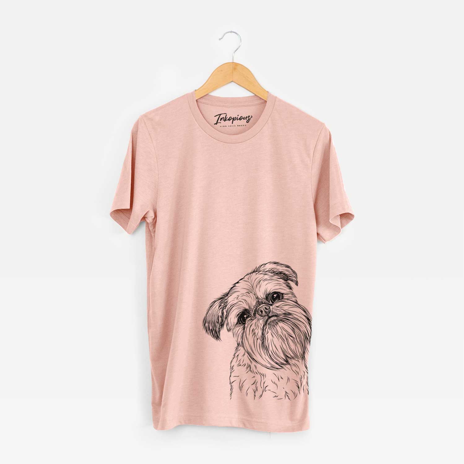 Hand-drawn sketch of Jasper Joe the Brussels Griffon on a Peach Unisex crewneck