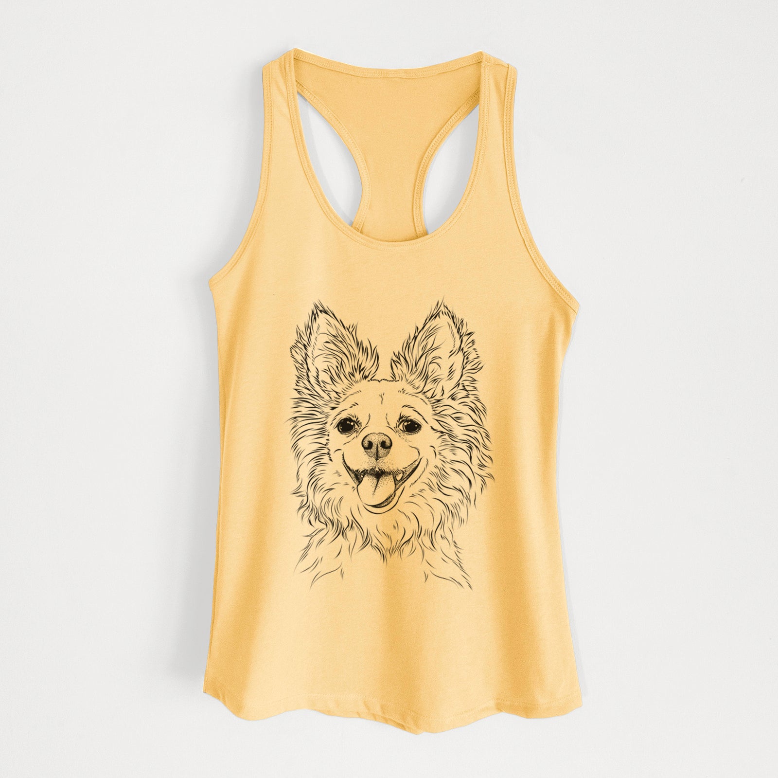 Hand-drawn sketch of Jasper the Pomchi on a Banana Cream Women's racerback tanktop