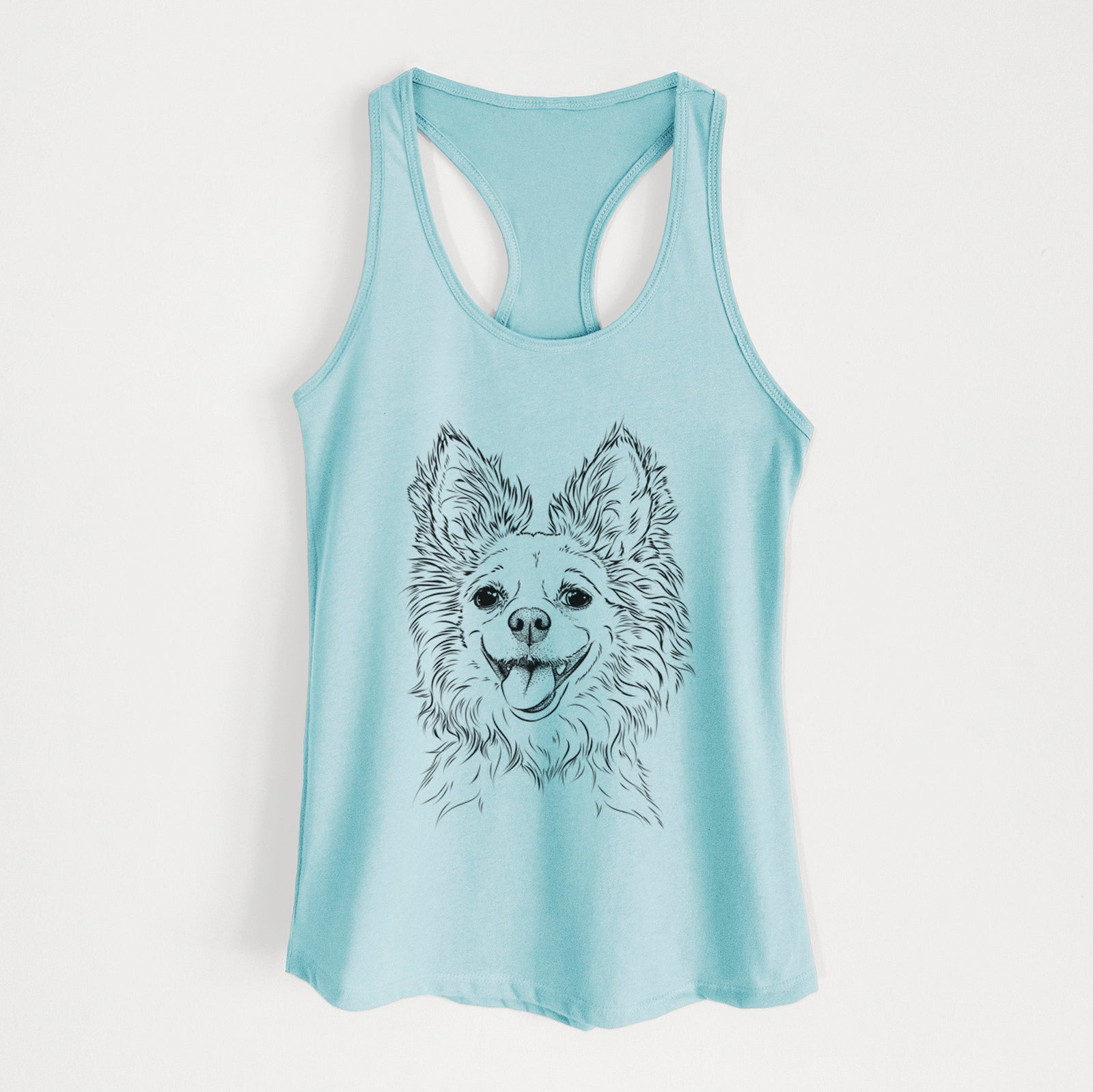 Hand-drawn sketch of Jasper the Pomchi on a Cancun Blue Women's racerback tanktop