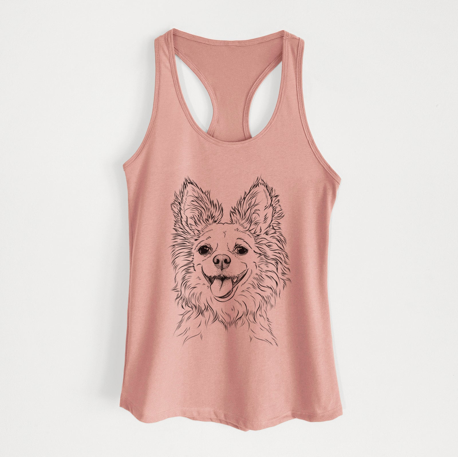 Hand-drawn sketch of Jasper the Pomchi on a Desert Pink Women's racerback tanktop