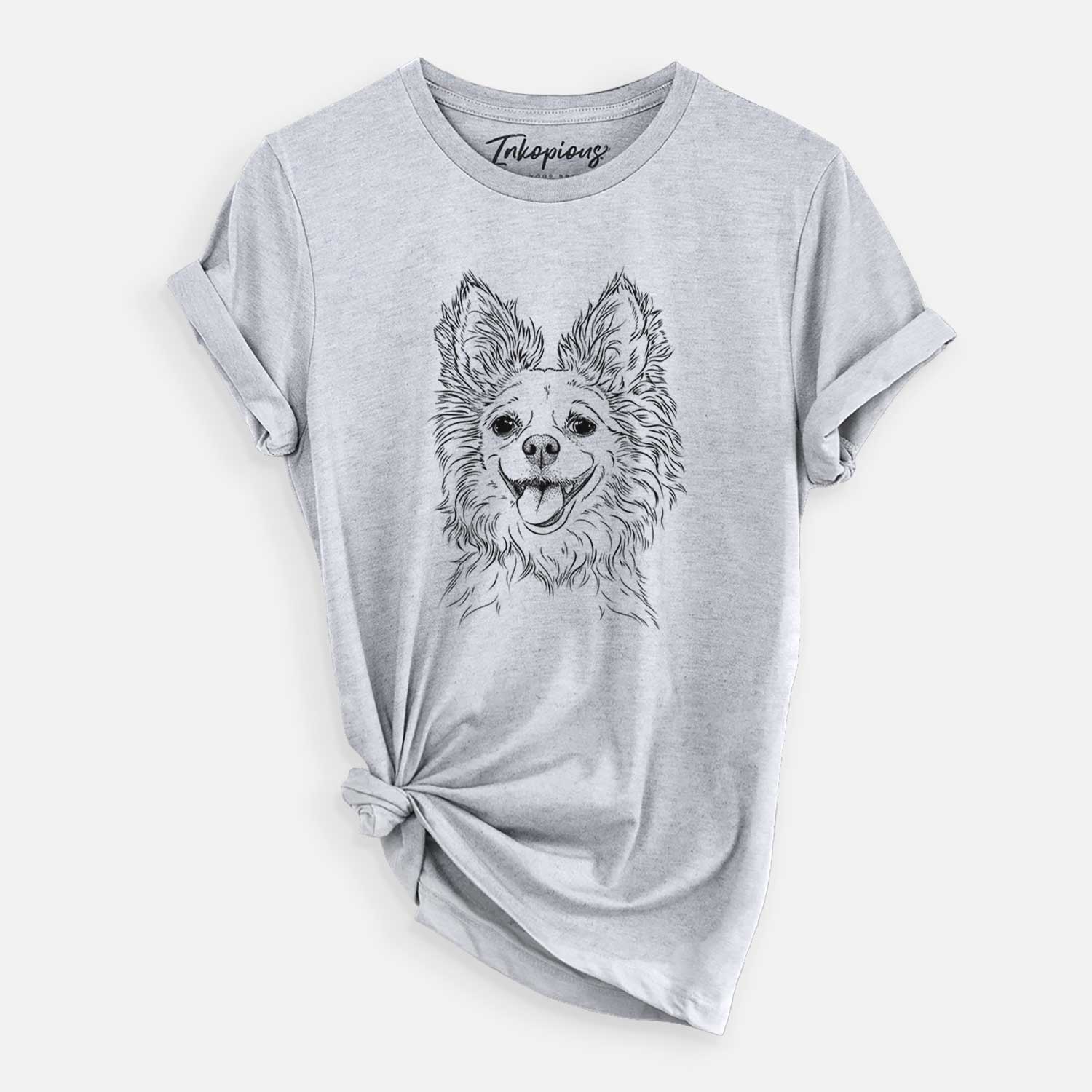 Hand-drawn sketch of Jasper the Pomchi on a Grey Unisex crewneck