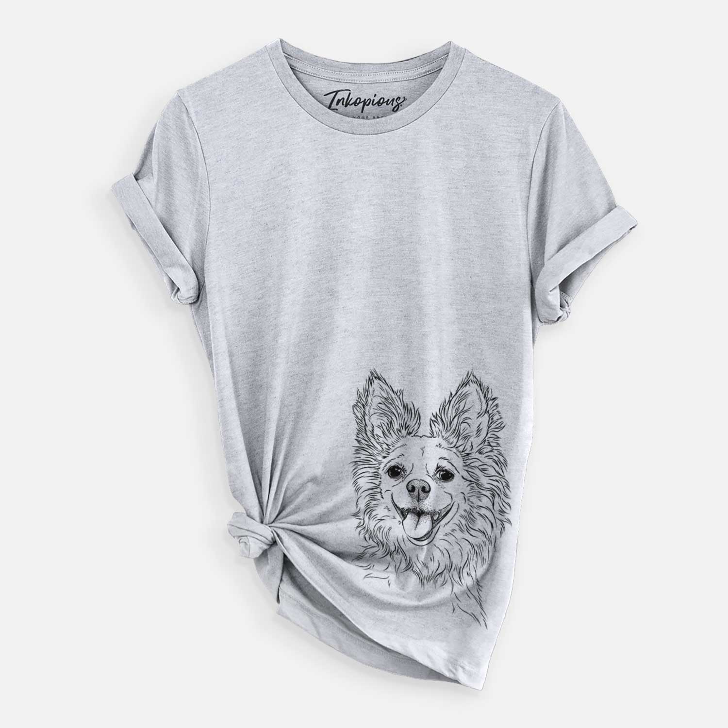 Hand-drawn sketch of Jasper the Pomchi on a Grey Unisex crewneck