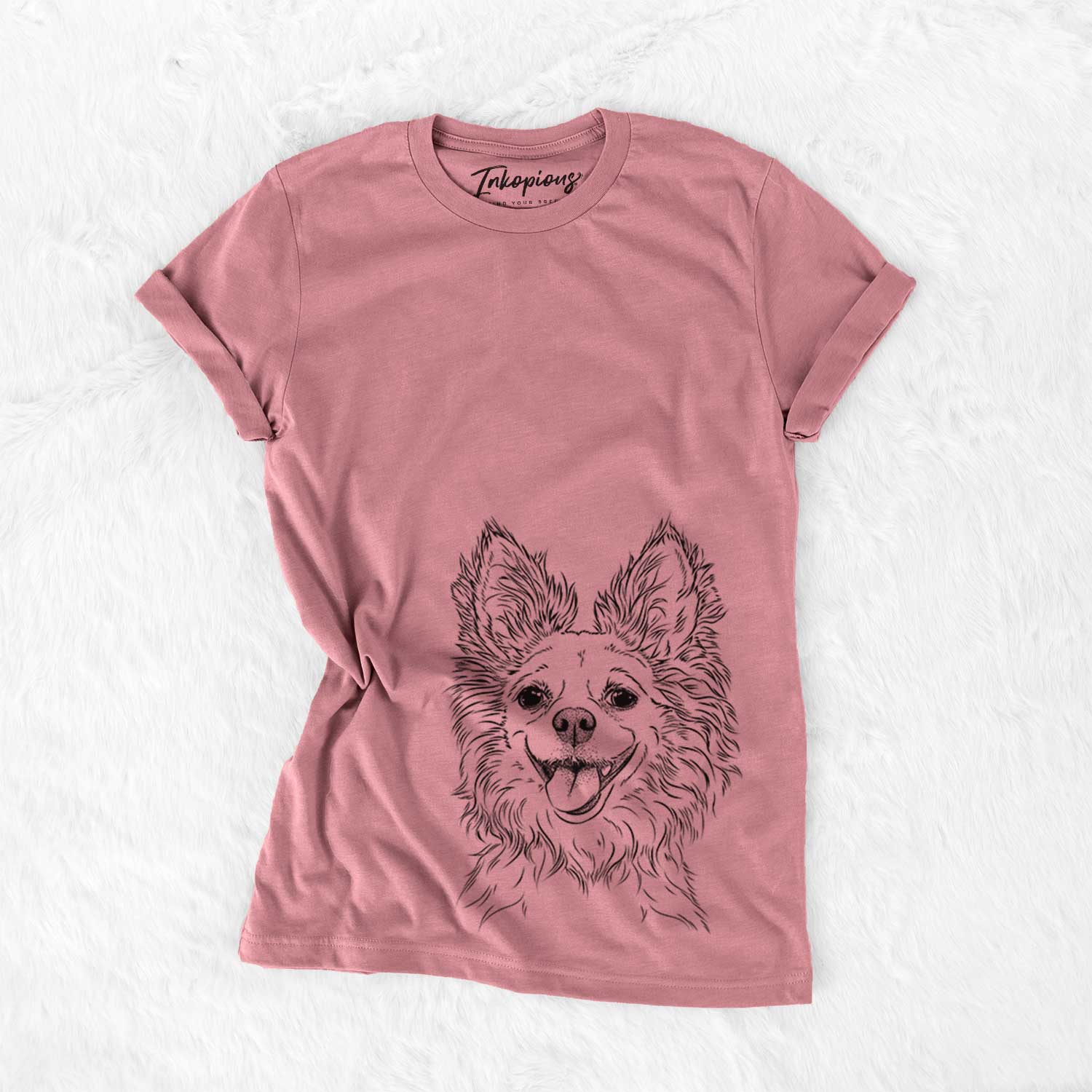 Hand-drawn sketch of Jasper the Pomchi on a Mauve Unisex crewneck