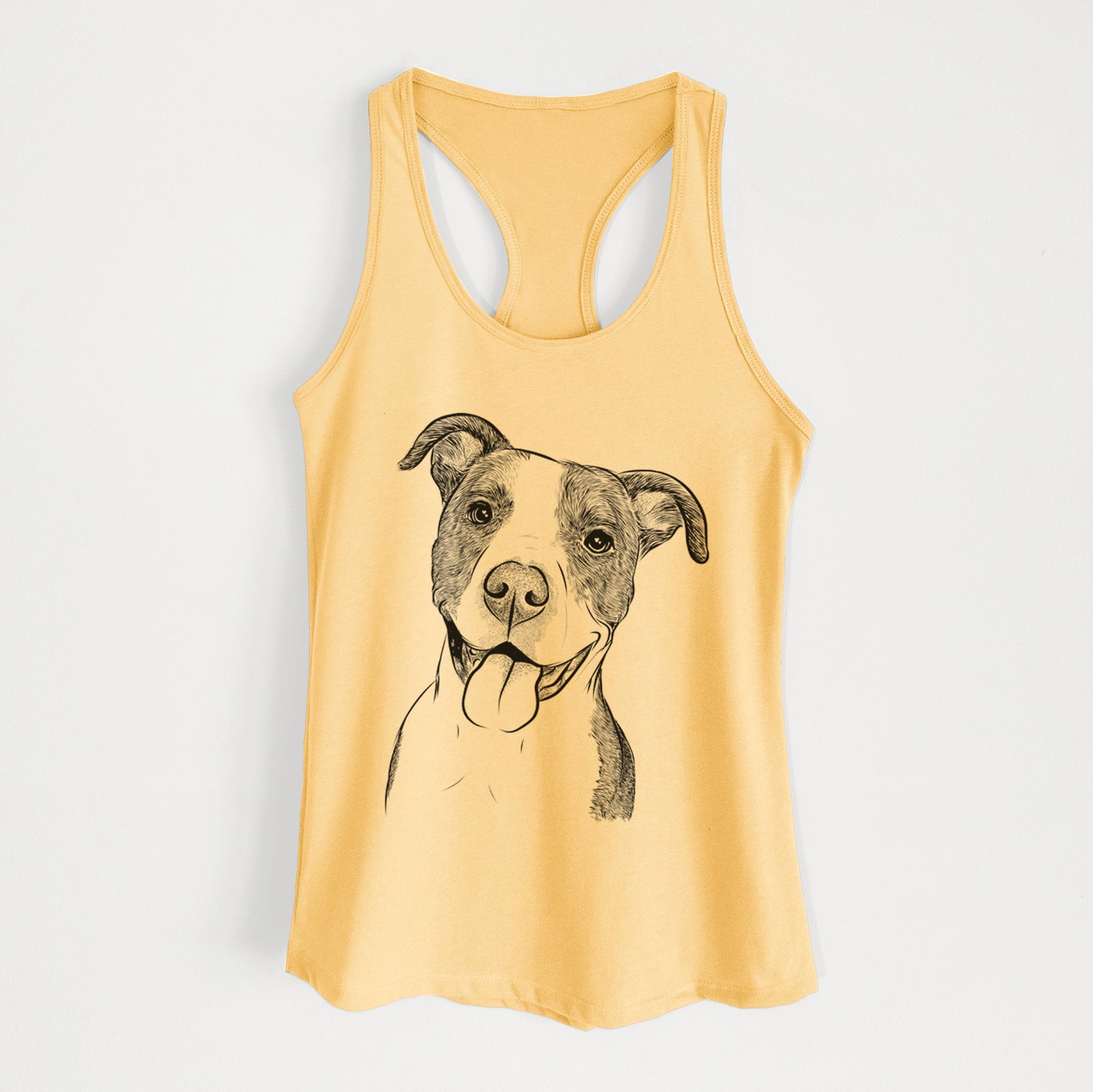 Hand-drawn sketch of Jax the American Pitbull Terrier Mix on a Banana Cream Women's racerback tanktop